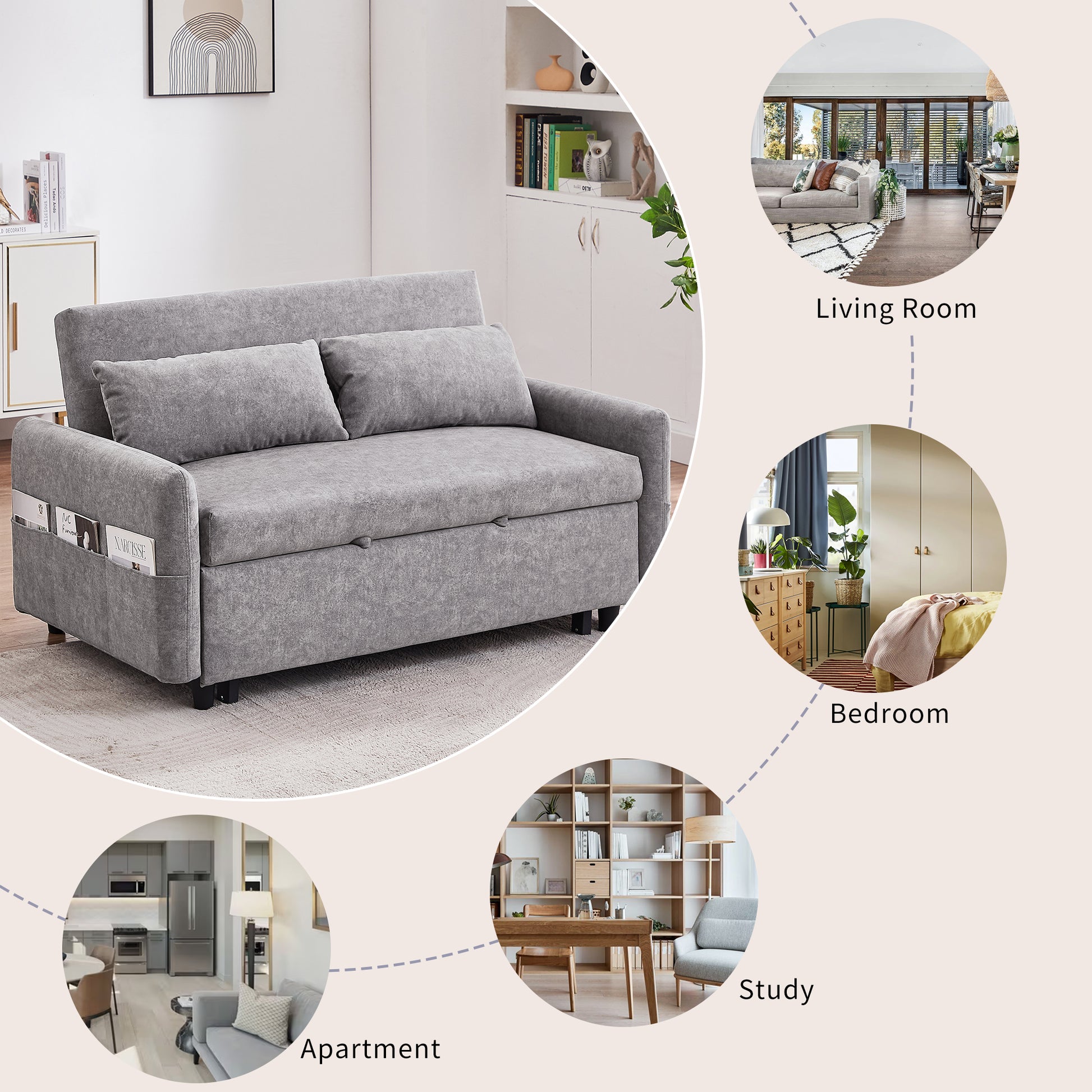 55.1" Pull Out Sleep Sofa Bed Loveseats Sofa Couch With Adjsutable Backrest, Storage Pockets, 2 Soft Pillows, Usb Ports For Living Room, Bedroom, Apartment, Office,Grey Old Sku Wf307821Aae Grey Foam Microfiber
