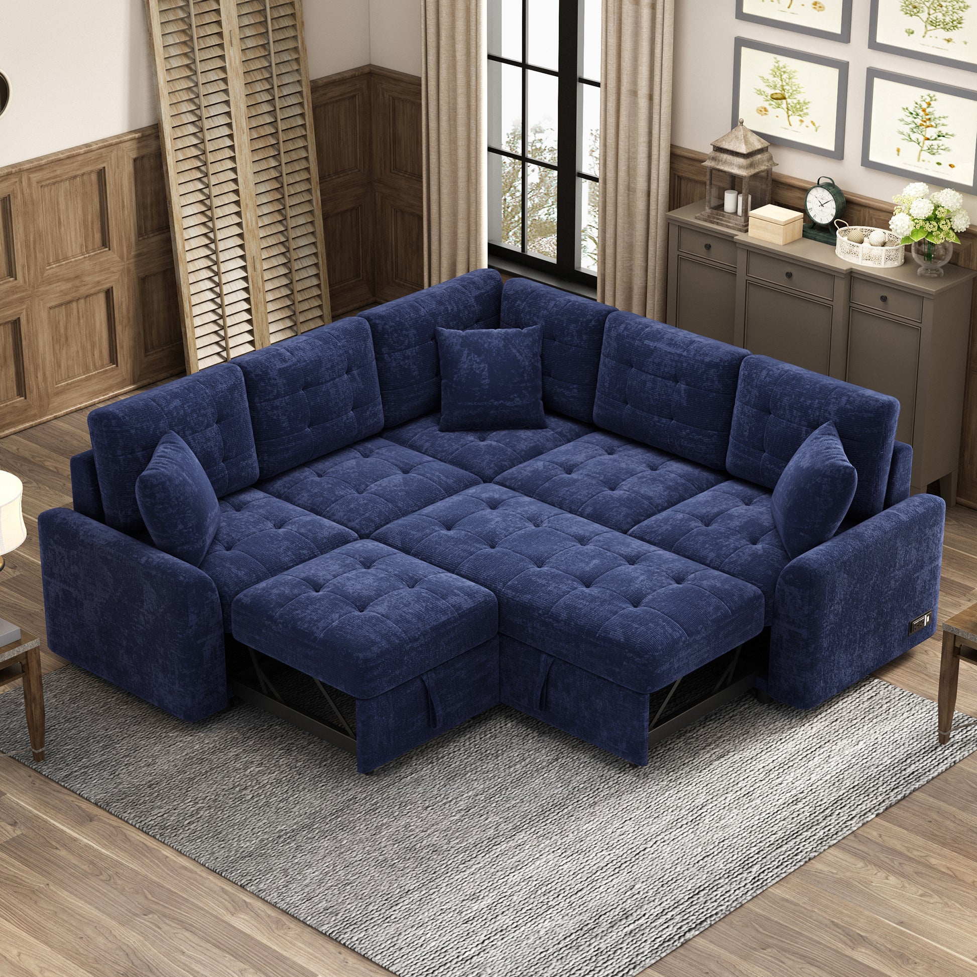 82.6" L Shape Sofa Bed Pull Out Sleeper Sofa With Wheels, Usb Ports, Power Sockets For Living Room, Navy Blue Navy Blue Foam Velvet