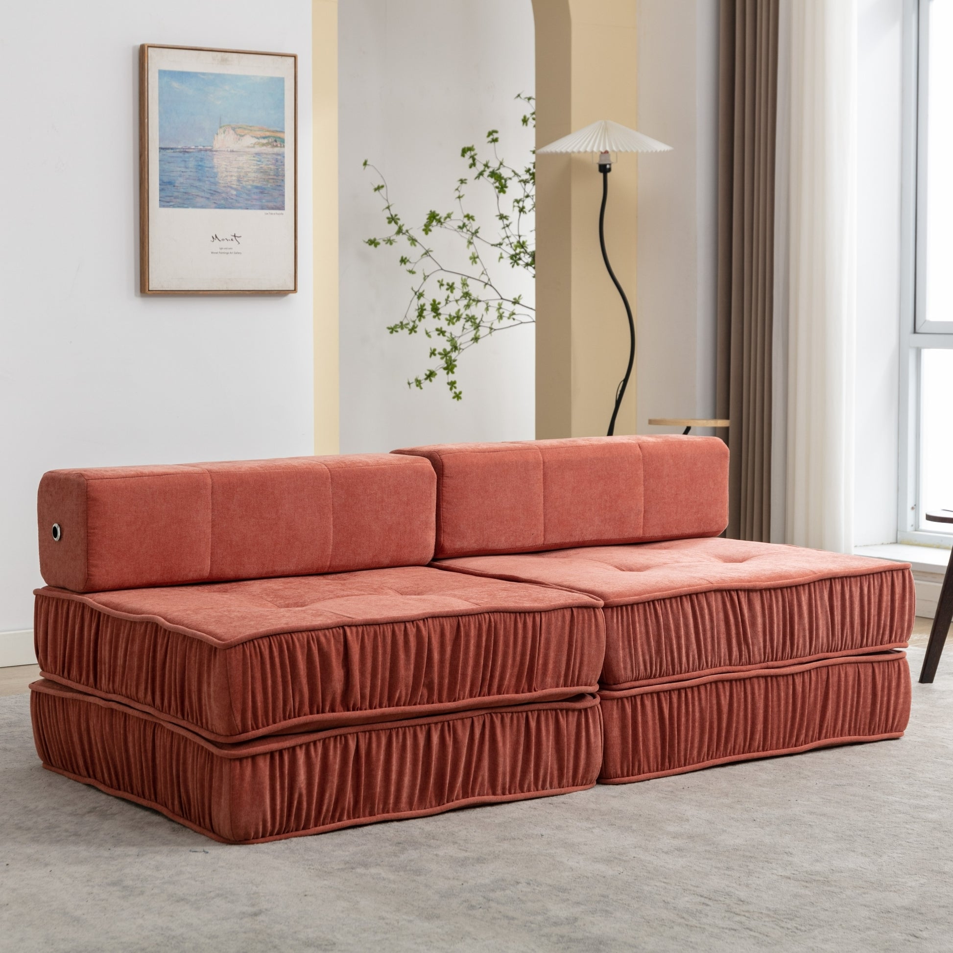 Folding Sofa Bed, Futon Sleeper Chair, Convertible Chair Floor Couch & Sleeping Mattress For Living Room, Guest Room, Home Office, Apartment, Small Space, Bed, Removable Back Cushion, Orange, 1 Seat Orange Chenille Primary Living Space Pillow Back Soft