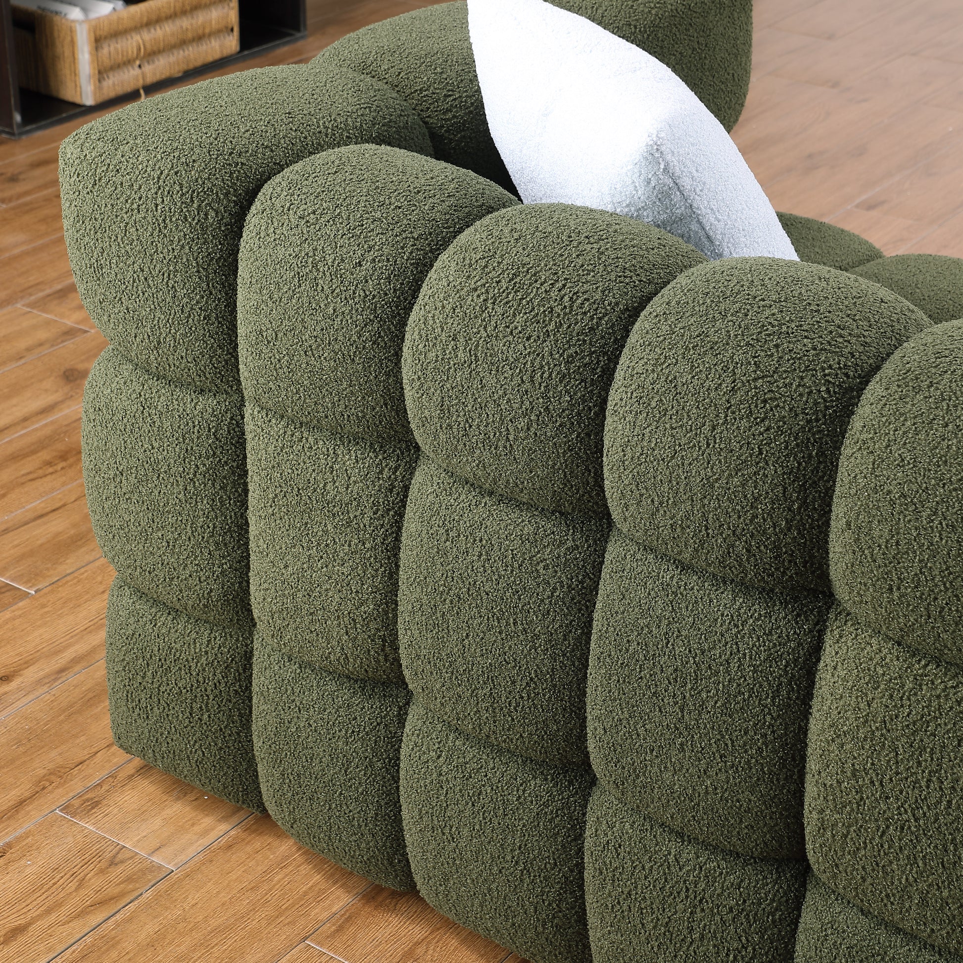 84.3 62.2 Length ,35.83" Deepth ,Human Body Structure For Usa People, Marshmallow Sofa,Boucle Sofa ,Olive Green Color,3 Seater. Sofa And Seater Olive Green Light Brown Wood Primary Living Space Medium Soft Split Back Eucalyptus Square Arms Boucle 5 Seat