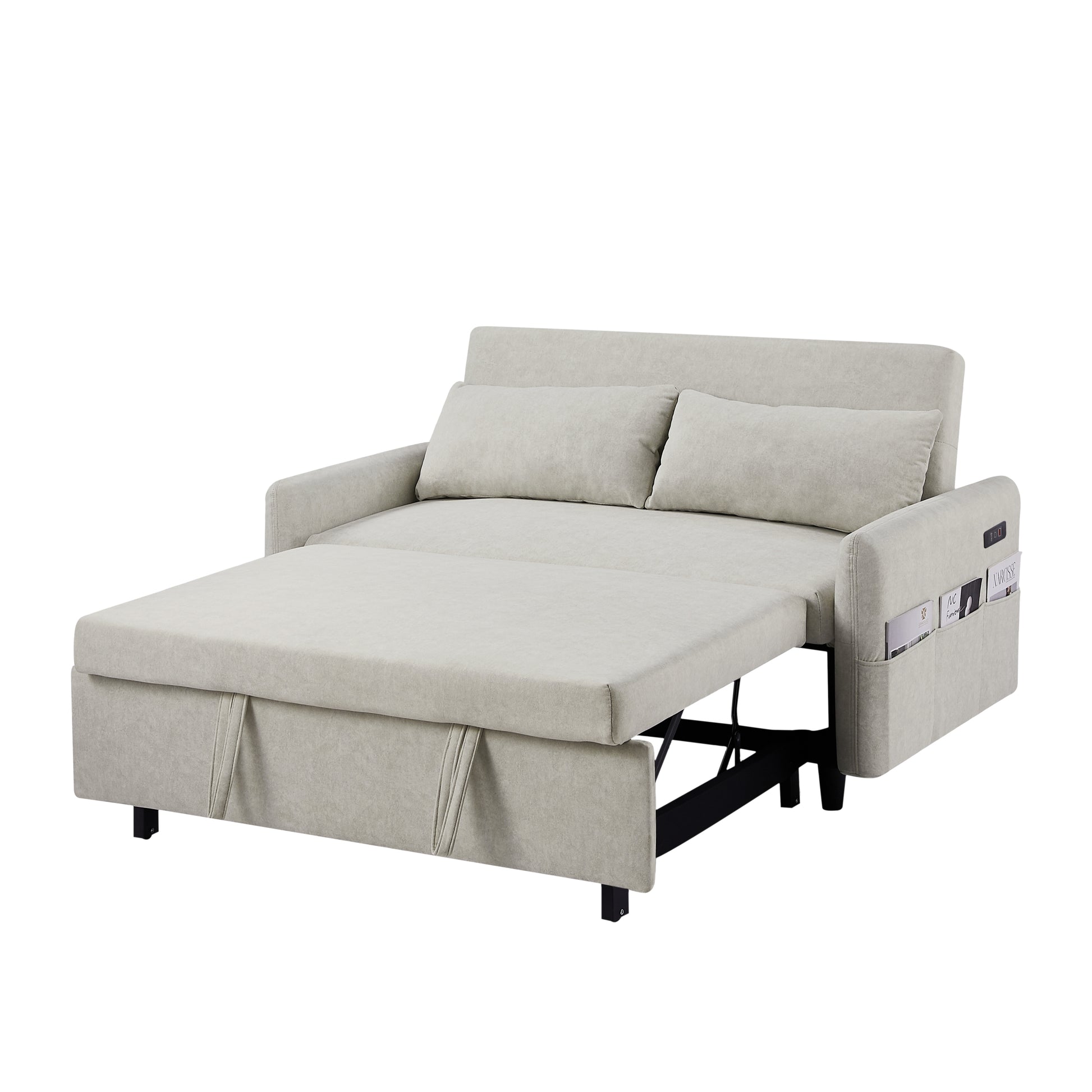 55.1" Pull Out Sleep Sofa Bed Loveseats Sofa Couch With Adjsutable Backrest, Storage Pockets, 2 Soft Pillows, Usb Ports For Living Room, Bedroom, Apartment, Office, Beige Old Sku Wf307821Aaa Beige Foam Microfiber