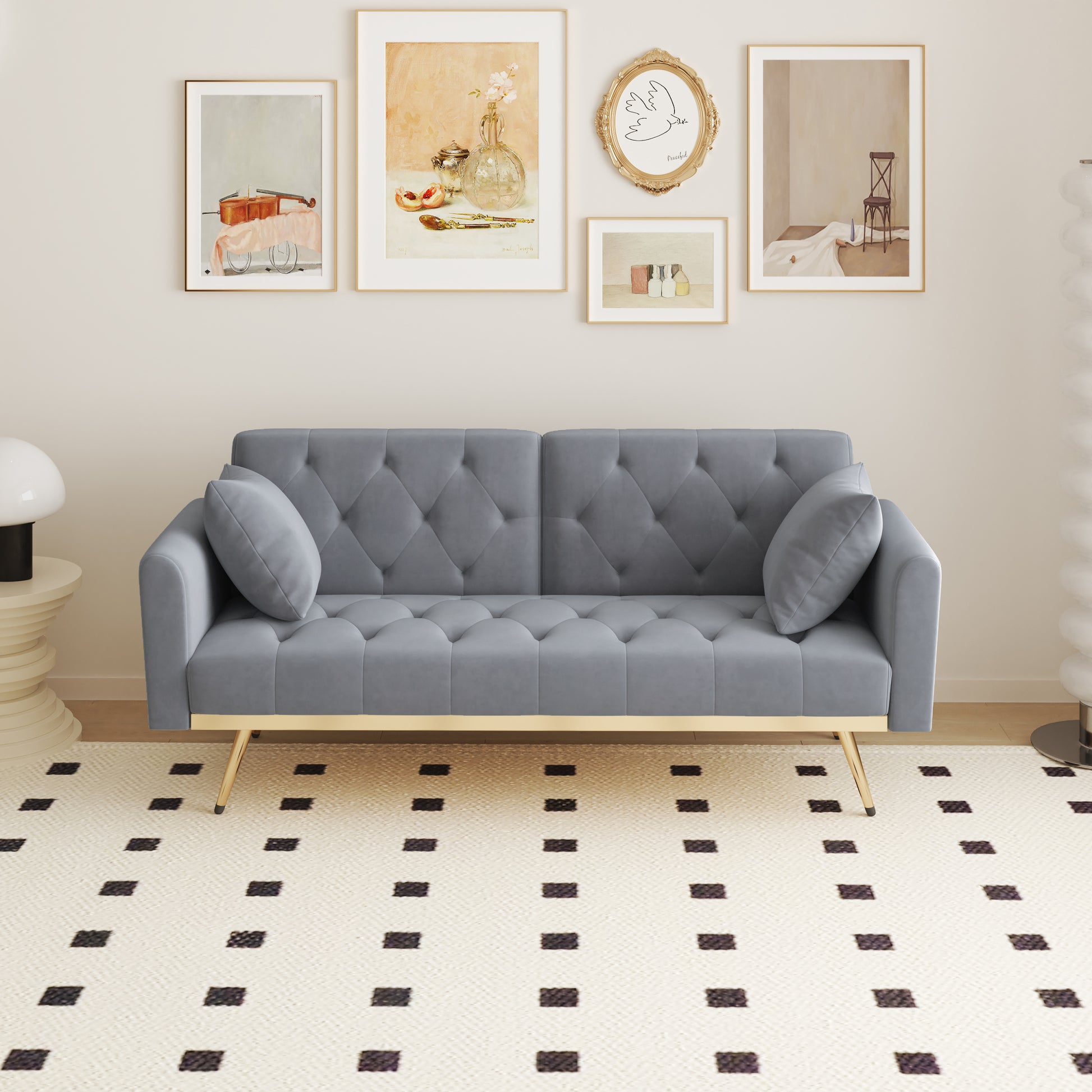 68.3" Gray Velvet Nail Head Sofa Bed With Throw Pillow And Midfoot Gray Foam Velvet 2 Seat