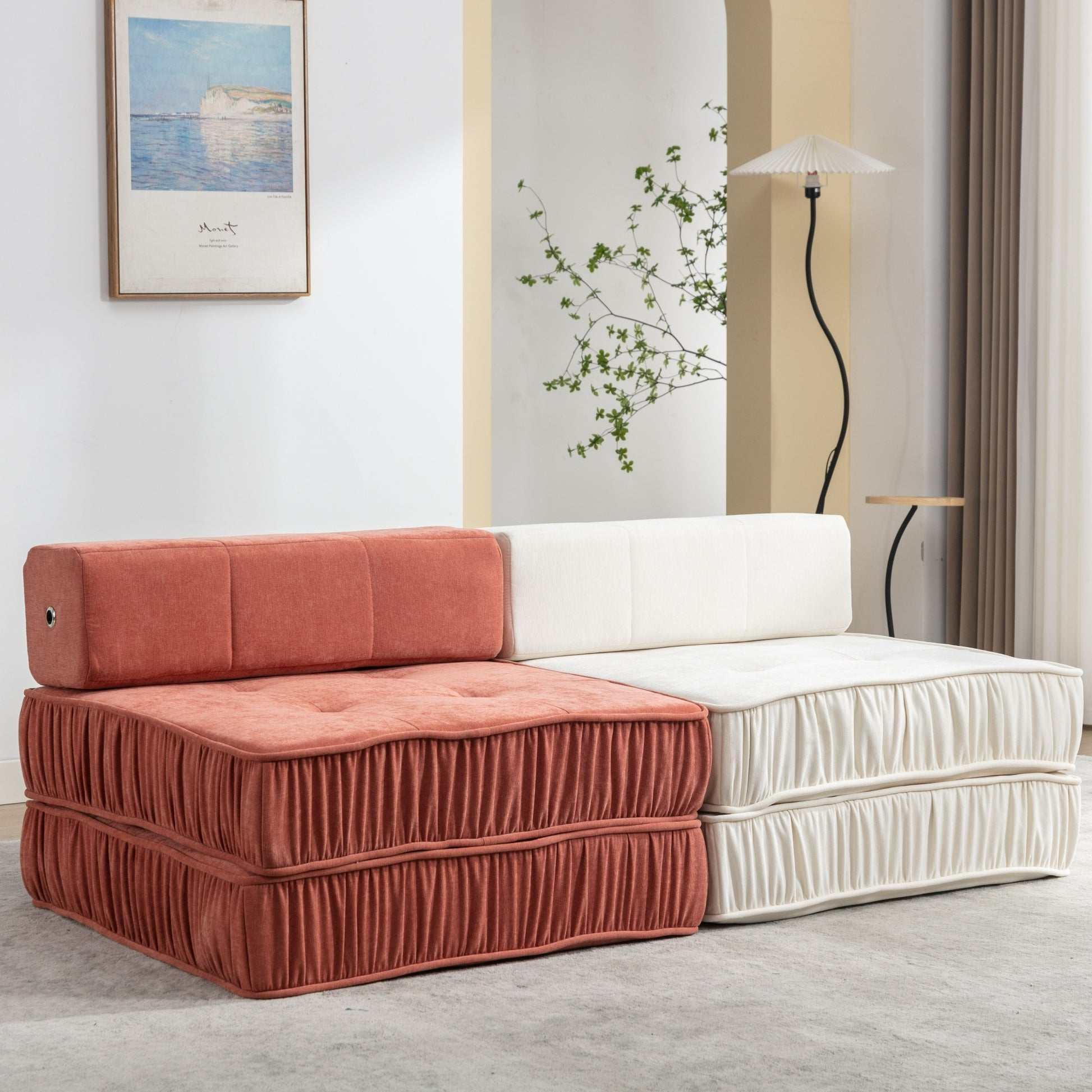 Folding Sofa Bed, Futon Sleeper Chair, Convertible Chair Floor Couch & Sleeping Mattress For Living Room, Guest Room, Home Office, Apartment, Small Space, Bed, Removable Back Cushion, Orange, 1 Seat Orange Chenille Primary Living Space Pillow Back Soft