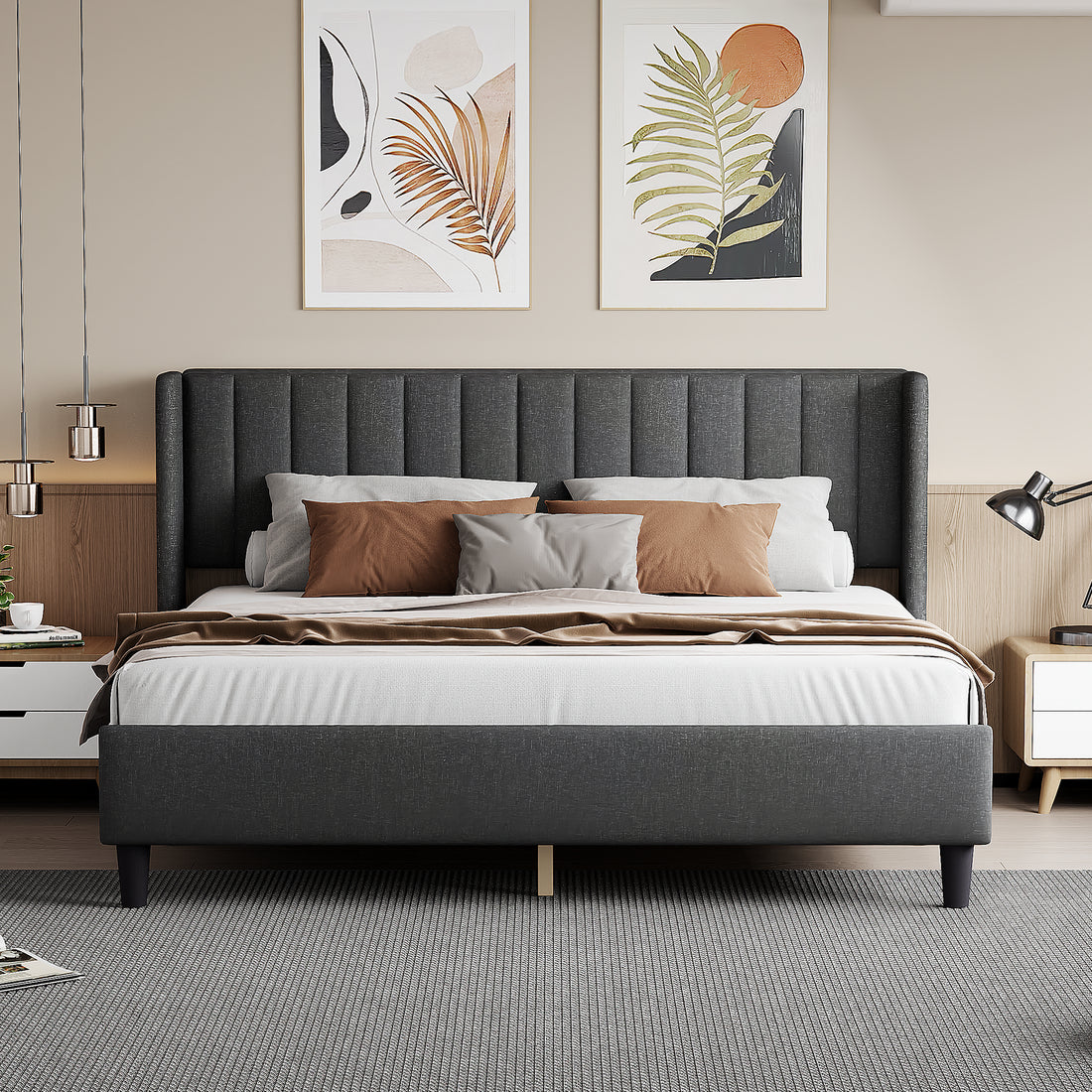 King Size Upholstered Platform Bed Frame With Headboard, Mattress Foundation, Wood Slat Support, Quiet, No Box Spring Needed, Easy To Assemble Black Black Wood