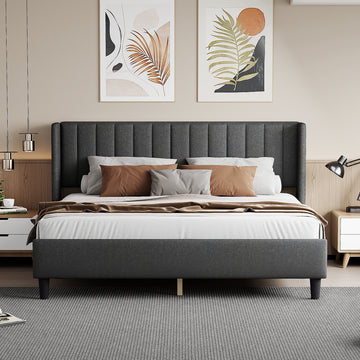 King Size Upholstered Platform Bed Frame With Headboard, Mattress Foundation, Wood Slat Support, Quiet, No Box Spring Needed, Easy To Assemble Black Black Wood