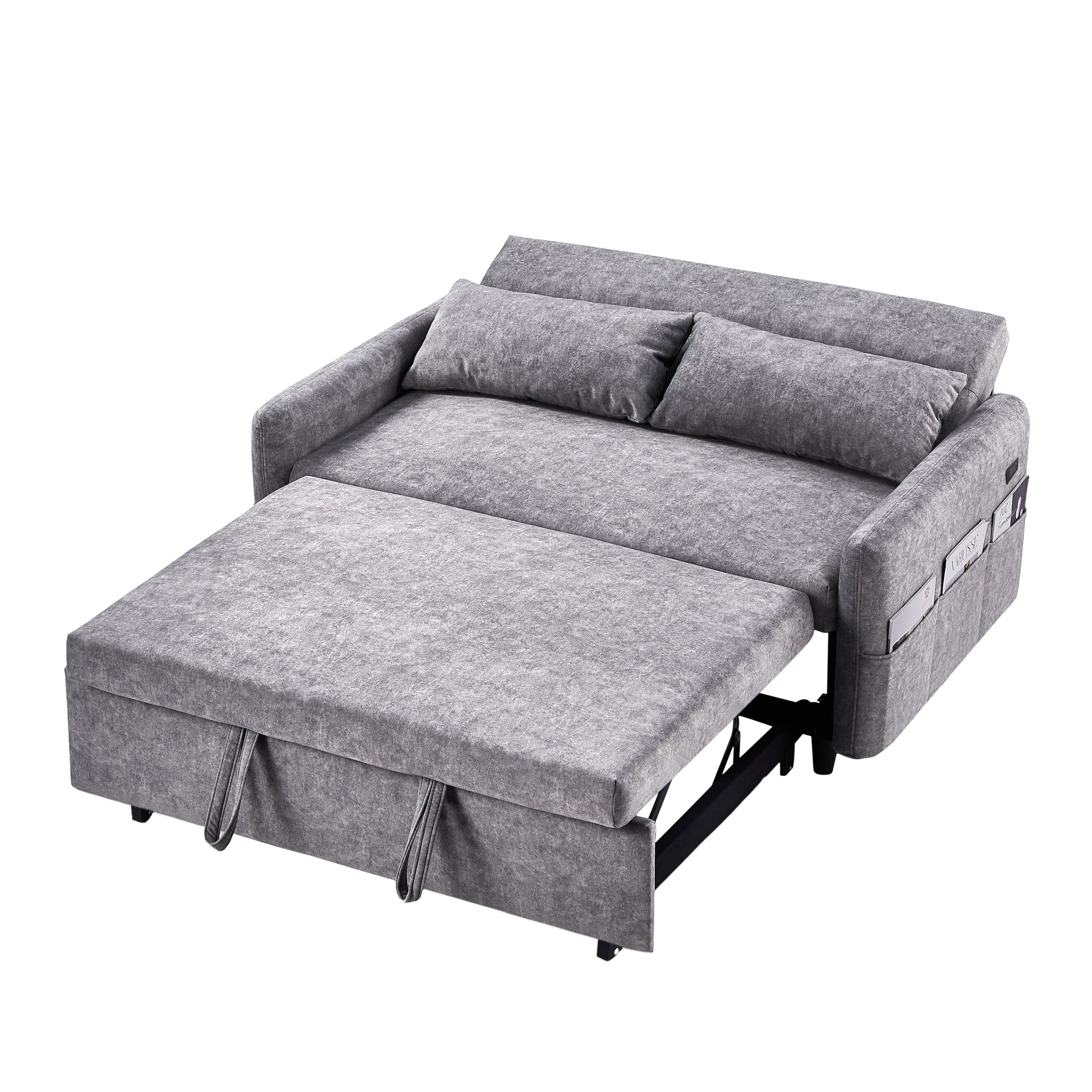 55.1" Pull Out Sleep Sofa Bed Loveseats Sofa Couch With Adjsutable Backrest, Storage Pockets, 2 Soft Pillows, Usb Ports For Living Room, Bedroom, Apartment, Office,Grey Old Sku:Wf315689Aae Grey Foam Microfiber 2 Seat
