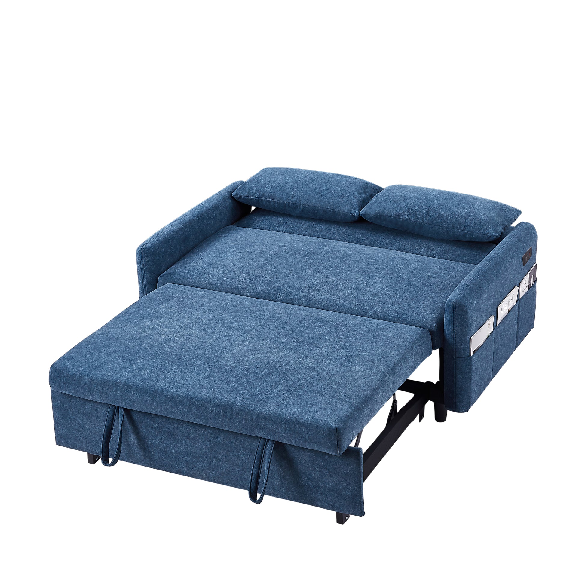55.1" Pull Out Sleep Sofa Bed Loveseats Sofa Couch With Adjsutable Backrest, Storage Pockets, 2 Soft Pillows, Usb Ports For Living Room, Bedroom, Apartment, Office, Blue Old Sku Wf307821Aac Blue Foam Microfiber