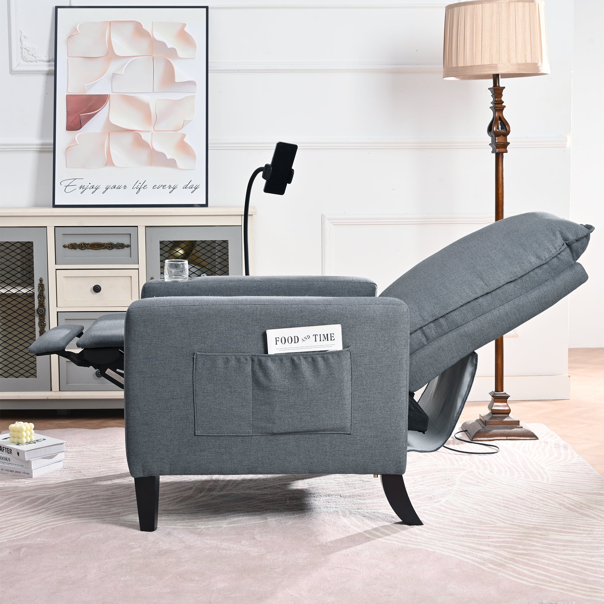 Recliner Chairs For Adults, Adjustable Recliner Sofa With Mobile Phone Holder & Cup Holder, Modern Reclining Chairs Fabric Push Back Recliner Chairs For Living Room, Bedroom, Gray Grey Foam Polyester