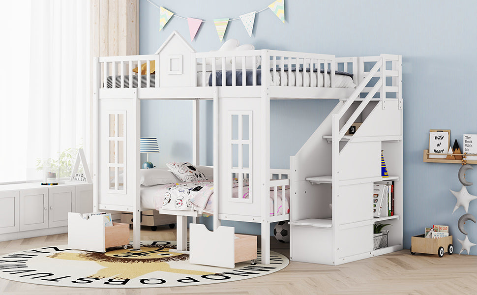 Full Over Full Bunk Bed With Changeable Table, Bunk Bed Turn Into Upper Bed And Down Desk White Full White Solid Wood