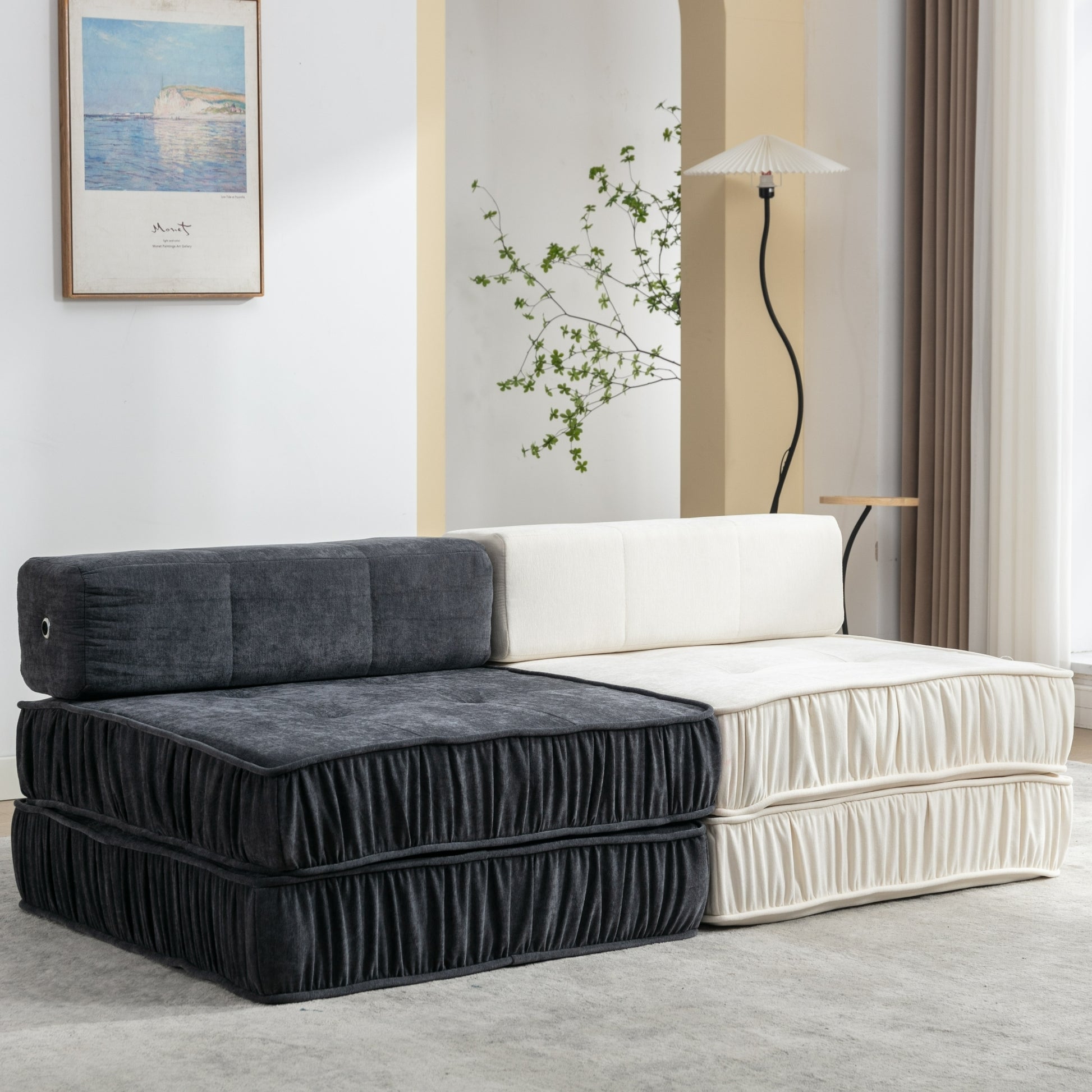 Folding Sofa Bed, Futon Sleeper Chair, Convertible Chair Floor Couch & Sleeping Mattress For Living Room, Guest Room, Home Office, Apartment, Small Space, Bed, Removable Back Cushion, Grey, 1 Seat Grey Chenille Primary Living Space Pillow Back Soft
