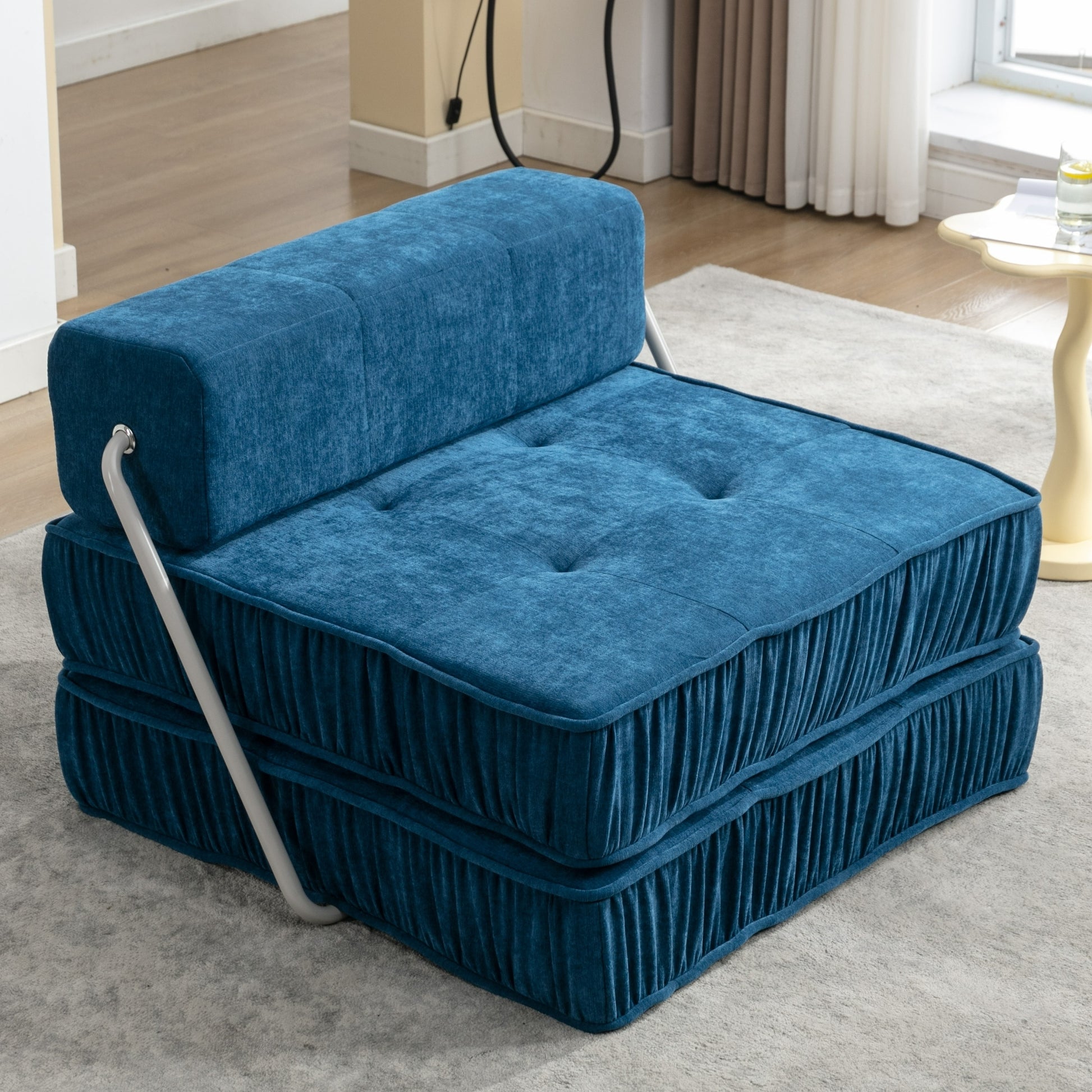 Folding Sofa Bed, Futon Sleeper Chair, Convertible Chair Floor Couch & Sleeping Mattress For Living Room, Guest Room, Home Office, Apartment, Small Space, Bed, Removable Back Cushion, Blue, 1 Seat Blue Chenille Primary Living Space Pillow Back Soft