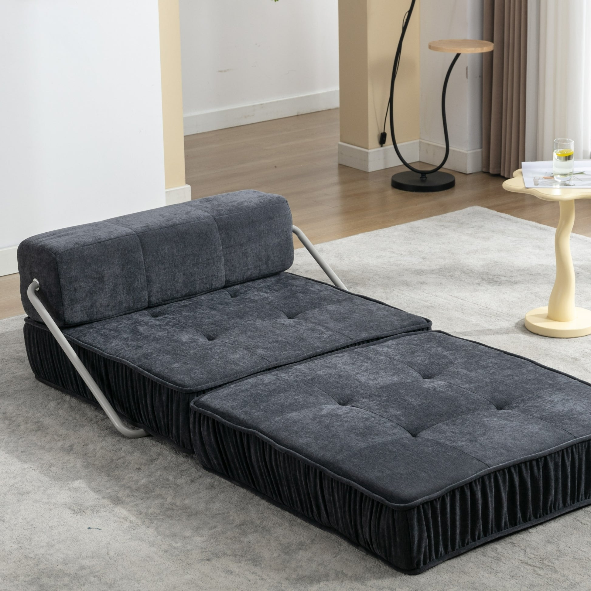 Folding Sofa Bed, Futon Sleeper Chair, Convertible Chair Floor Couch & Sleeping Mattress For Living Room, Guest Room, Home Office, Apartment, Small Space, Bed, Removable Back Cushion, Grey, 1 Seat Grey Chenille Primary Living Space Pillow Back Soft