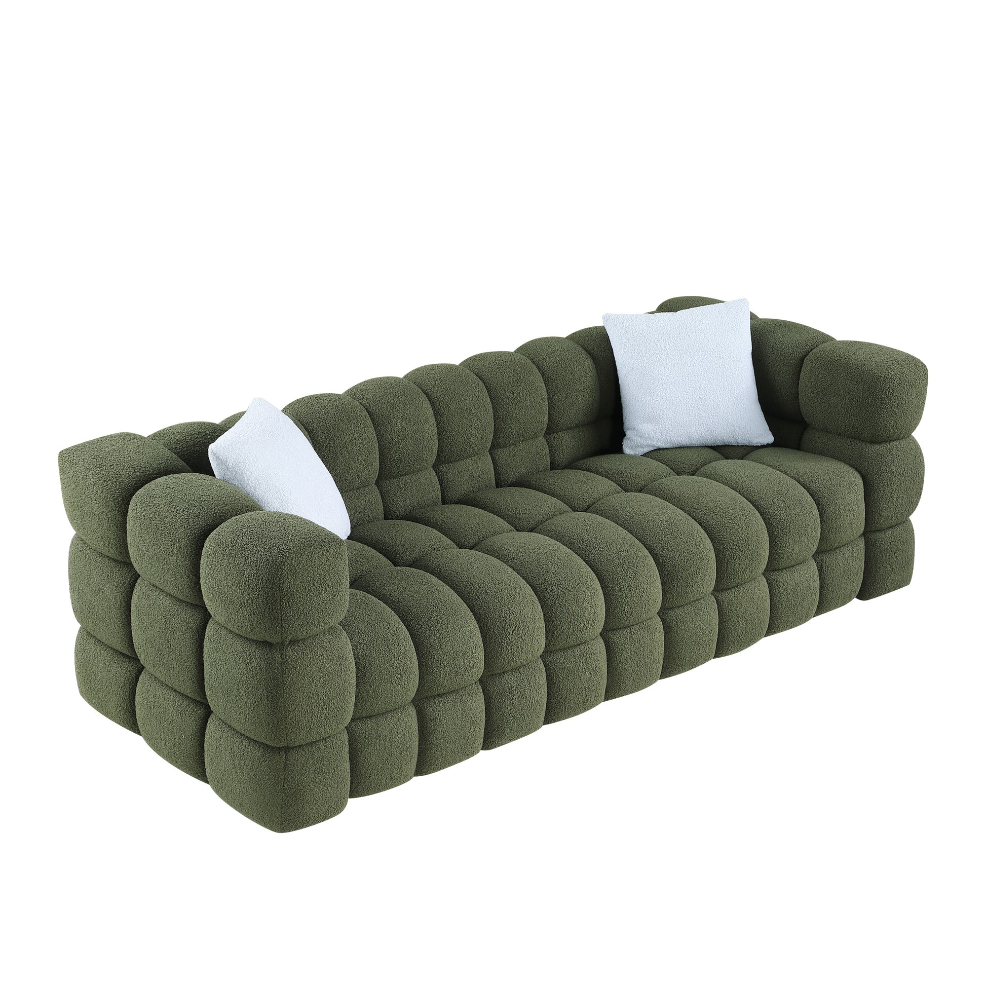 84.3 Length ,35.83" Deepth ,Human Body Structure For Usa People, Marshmallow Sofa,Boucle Sofa ,3 Seater, Olive Green Boucle Olive Green Light Brown Wood Primary Living Space Medium Soft Split Back Eucalyptus Square Arms Boucle 3 Seat