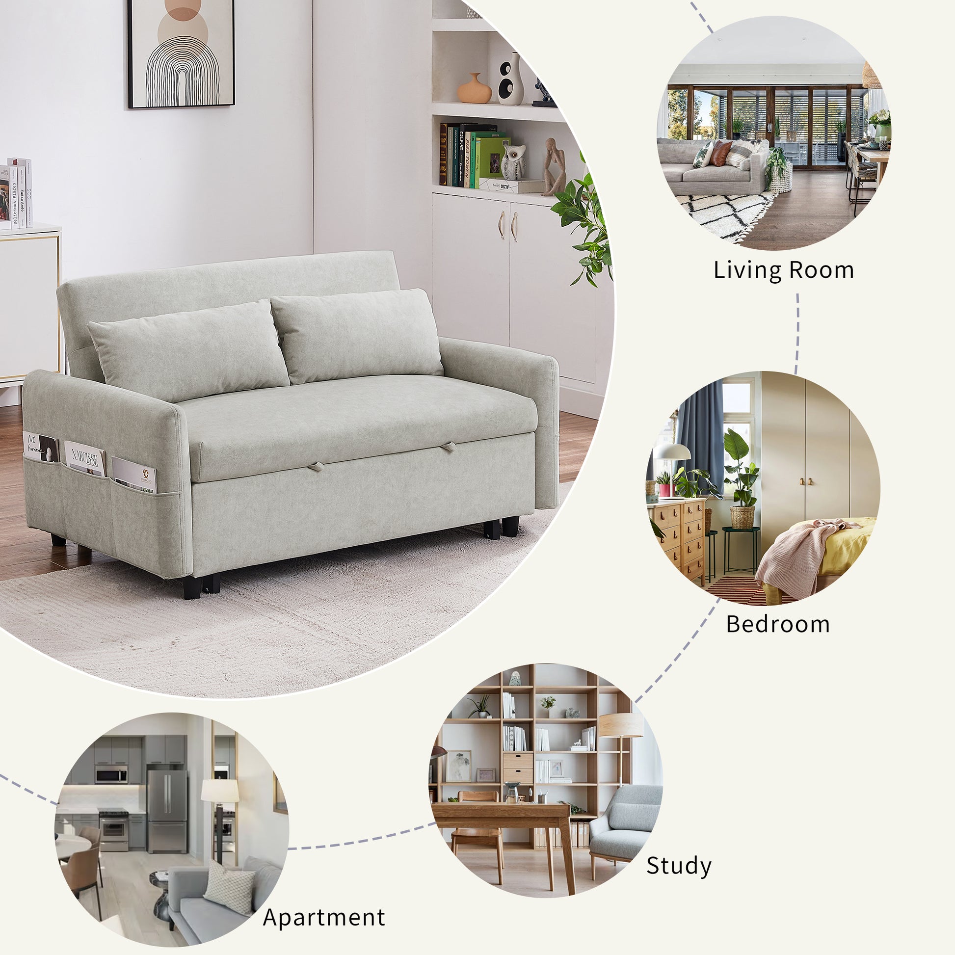 55.1" Pull Out Sleep Sofa Bed Loveseats Sofa Couch With Adjsutable Backrest, Storage Pockets, 2 Soft Pillows, Usb Ports For Living Room, Bedroom, Apartment, Office, Beige Old Sku Wf307821Aaa Beige Foam Microfiber