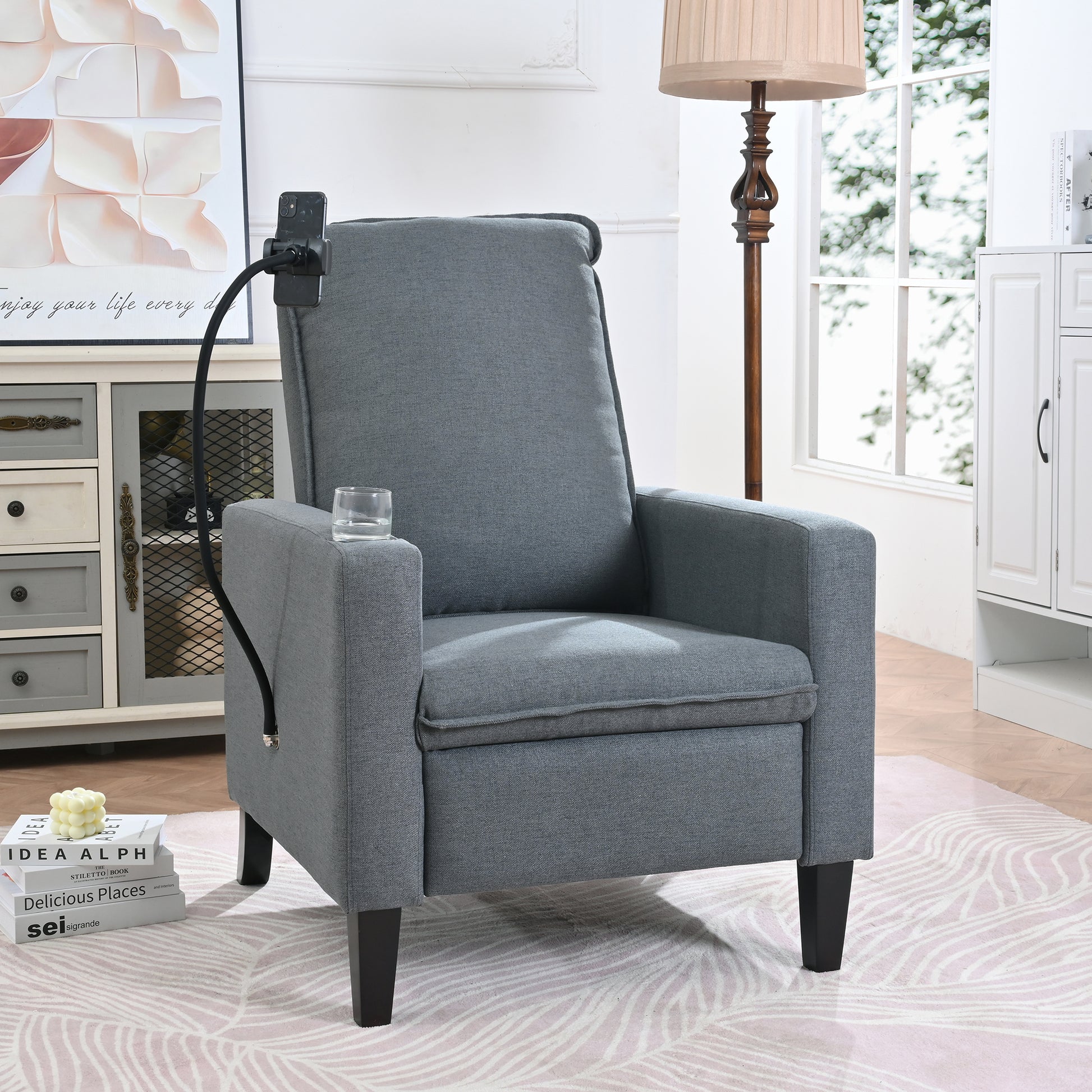 Recliner Chairs For Adults, Adjustable Recliner Sofa With Mobile Phone Holder & Cup Holder, Modern Reclining Chairs Fabric Push Back Recliner Chairs For Living Room, Bedroom, Gray Grey Foam Polyester
