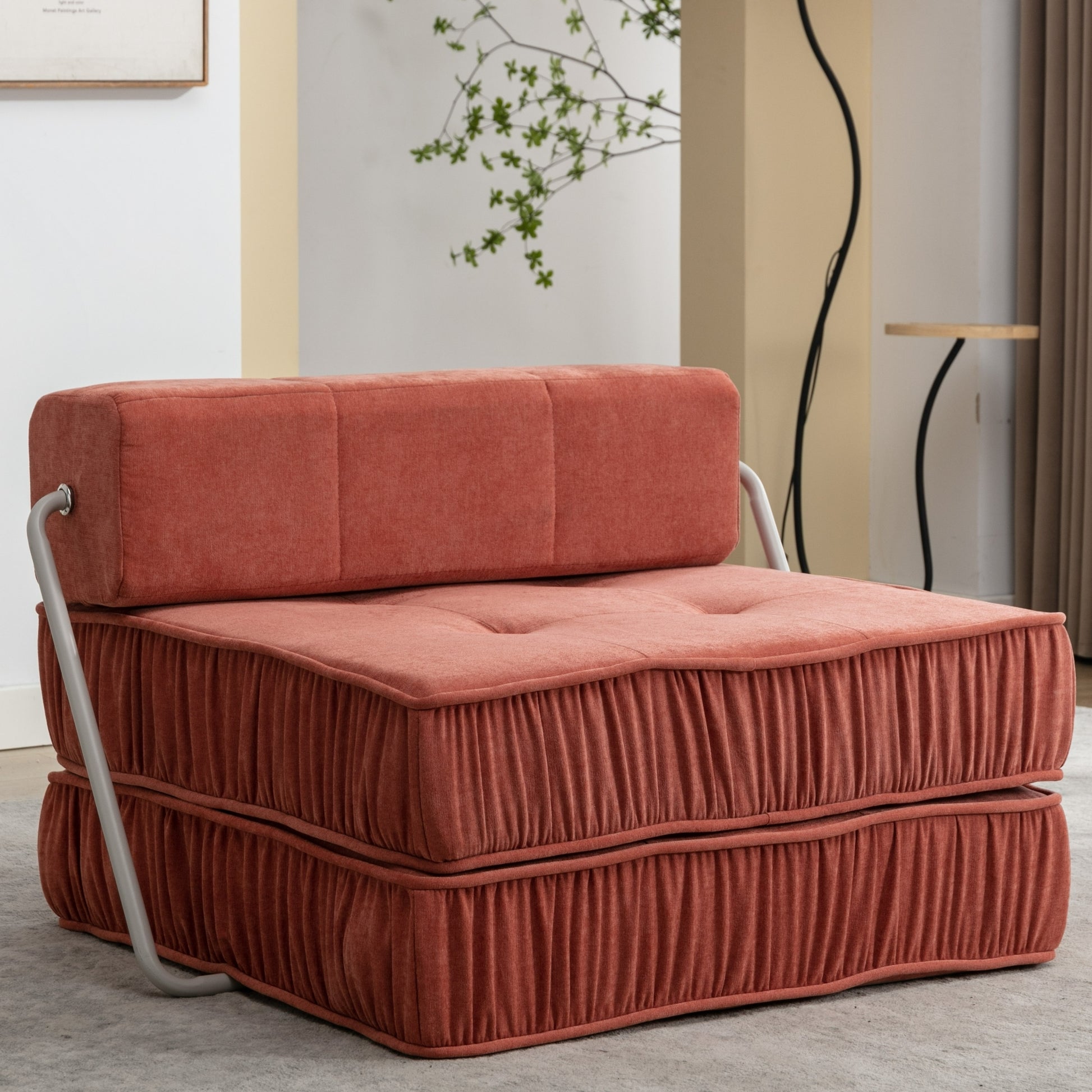 Folding Sofa Bed, Futon Sleeper Chair, Convertible Chair Floor Couch & Sleeping Mattress For Living Room, Guest Room, Home Office, Apartment, Small Space, Bed, Removable Back Cushion, Orange, 1 Seat Orange Chenille Primary Living Space Pillow Back Soft