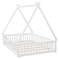 Full Tent Shaped Floor Bed, With Guardrails, Slats, Door ,White Full White Wood Bedroom American Design Pine Bed Frame Pine
