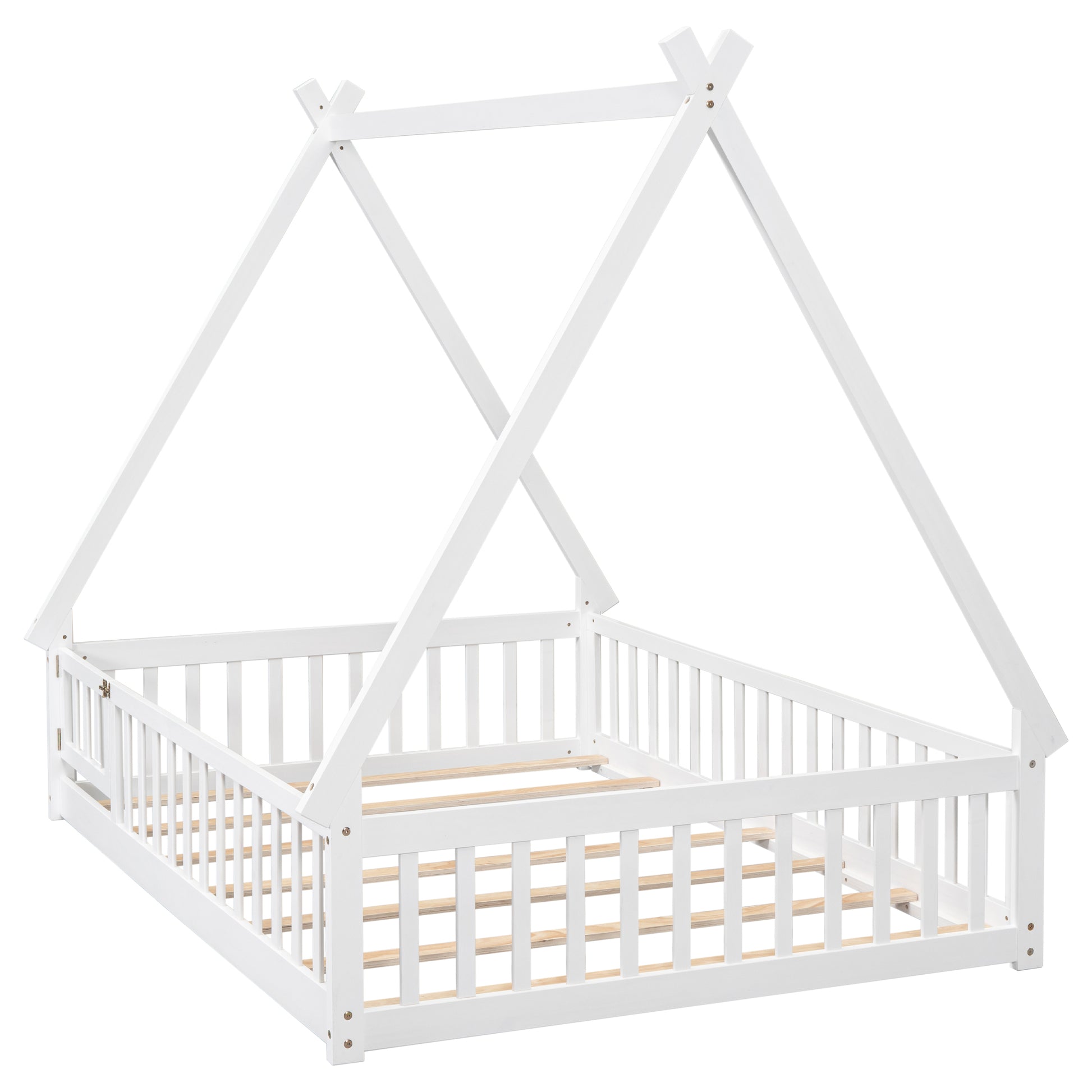 Full Tent Shaped Floor Bed, With Guardrails, Slats, Door ,White Full White Wood Bedroom American Design Pine Bed Frame Pine
