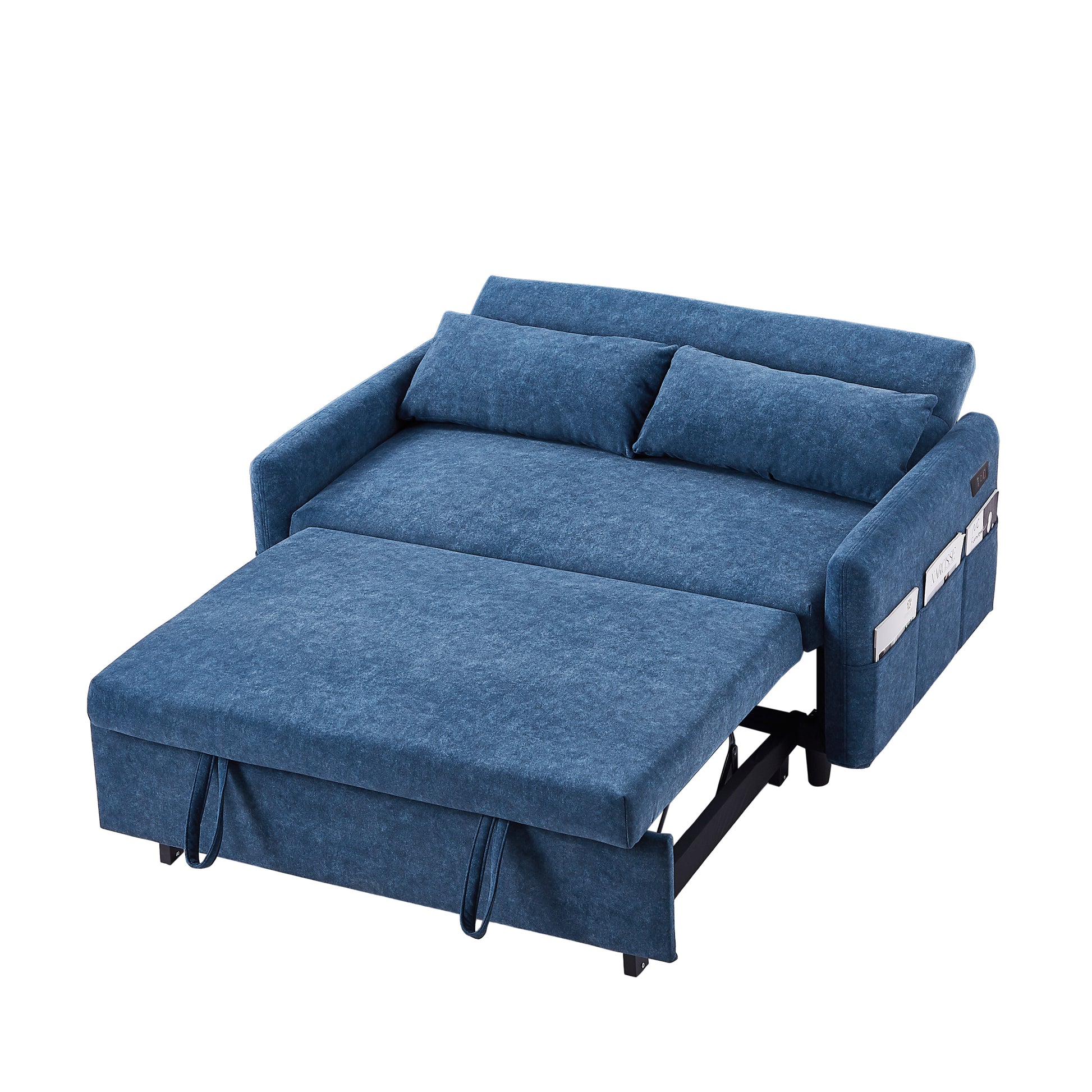 55.1" Pull Out Sleep Sofa Bed Loveseats Sofa Couch With Adjsutable Backrest, Storage Pockets, 2 Soft Pillows, Usb Ports For Living Room, Bedroom, Apartment, Office, Blue Old Sku: Wf315689Aac Blue Foam Microfiber 2 Seat