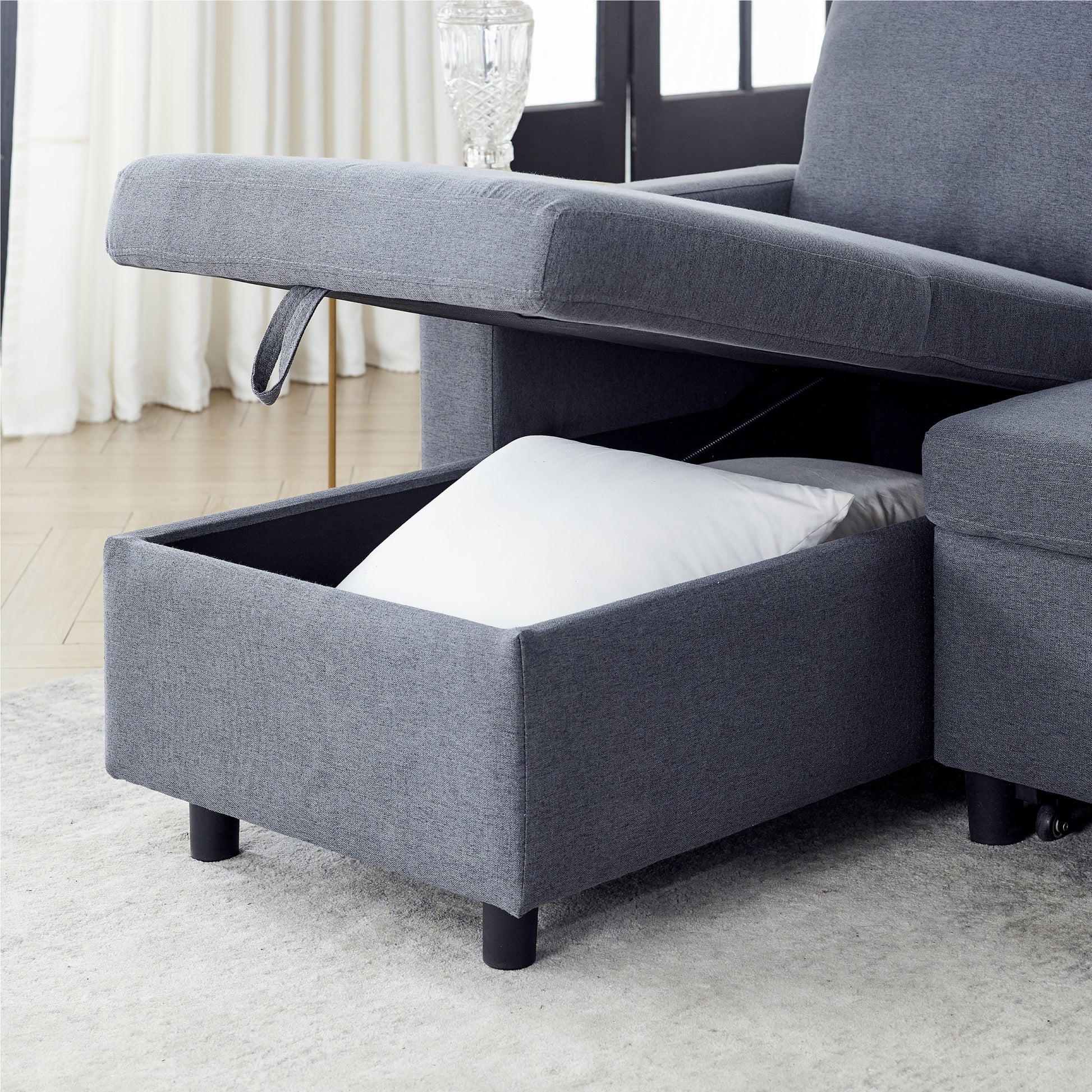 Fx78.7"Comfortable Linen L Shaped Combo Sofa Sofa Bed, Living Room Furniture Sets For Tight Spaces, Reversible Sleeper Combo Sofa With Pullout Bed,Reversible Sofa Bed For Living Room, Office, Apartmen Dark Gray Linen Wood Primary Living Space Foam Fabric