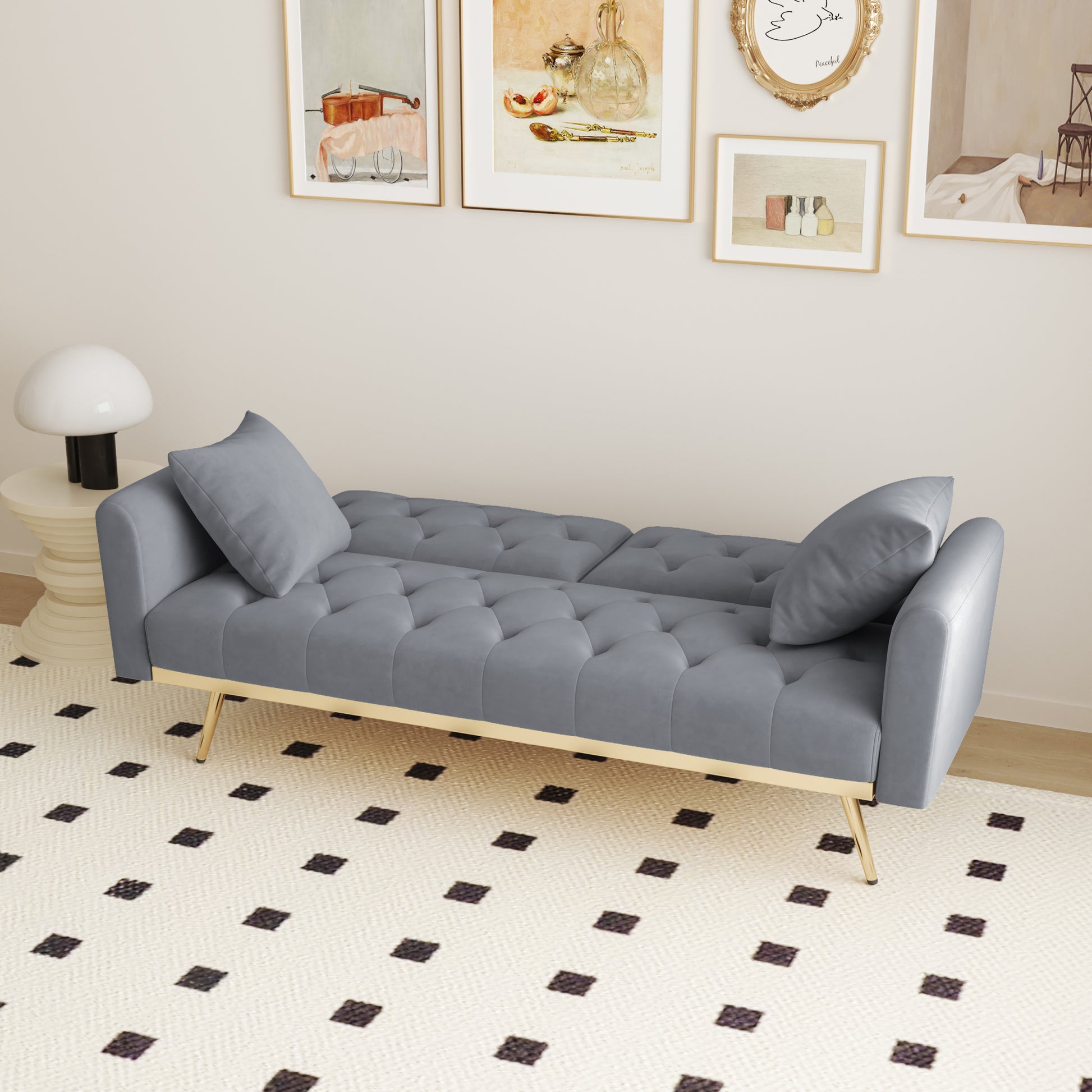 68.3" Gray Velvet Nail Head Sofa Bed With Throw Pillow And Midfoot Gray Foam Velvet 2 Seat