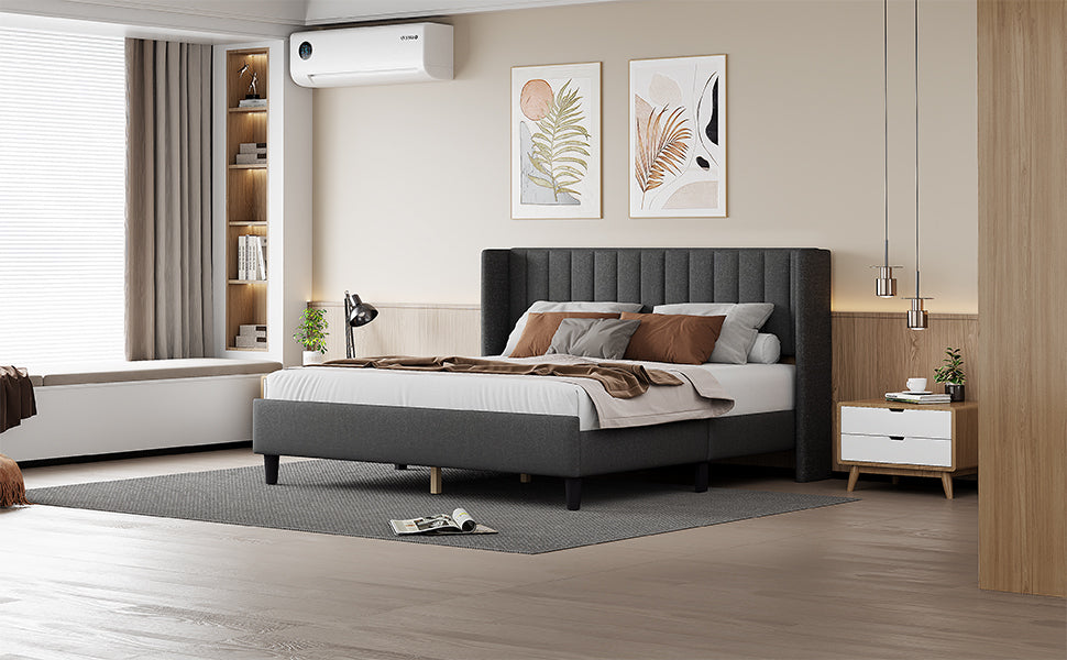 King Size Upholstered Platform Bed Frame With Headboard, Mattress Foundation, Wood Slat Support, Quiet, No Box Spring Needed, Easy To Assemble Black Black Wood