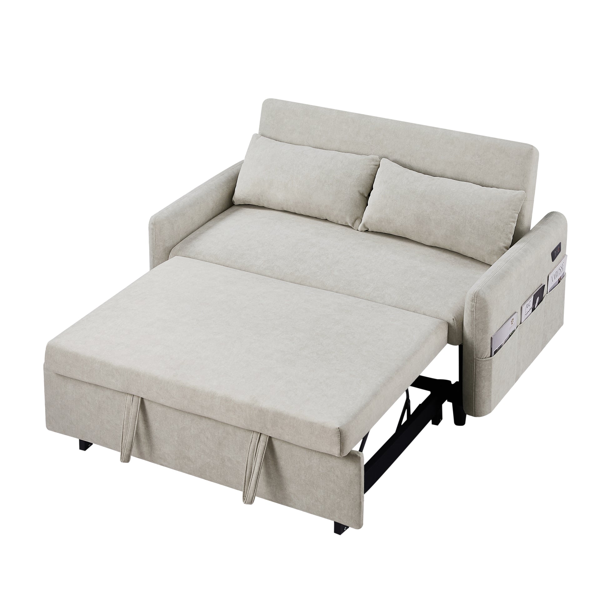 55.1" Pull Out Sleep Sofa Bed Loveseats Sofa Couch With Adjsutable Backrest, Storage Pockets, 2 Soft Pillows, Usb Ports For Living Room, Bedroom, Apartment, Office, Beige Old Sku Wf307821Aaa Beige Foam Microfiber