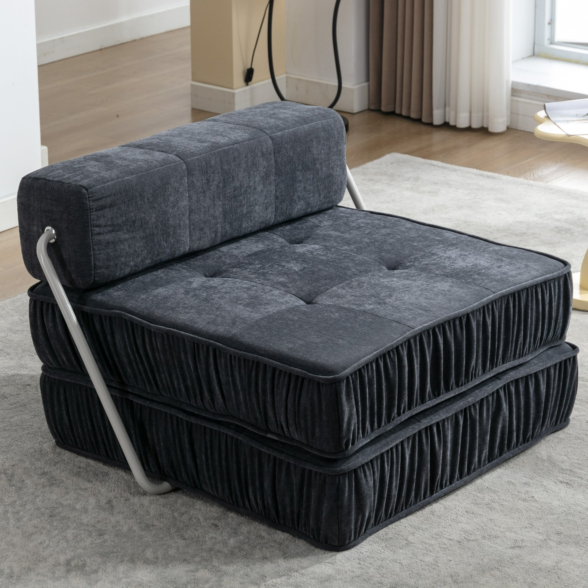 Folding Sofa Bed, Futon Sleeper Chair, Convertible Chair Floor Couch & Sleeping Mattress For Living Room, Guest Room, Home Office, Apartment, Small Space, Bed, Removable Back Cushion, Grey, 1 Seat Grey Chenille Primary Living Space Pillow Back Soft