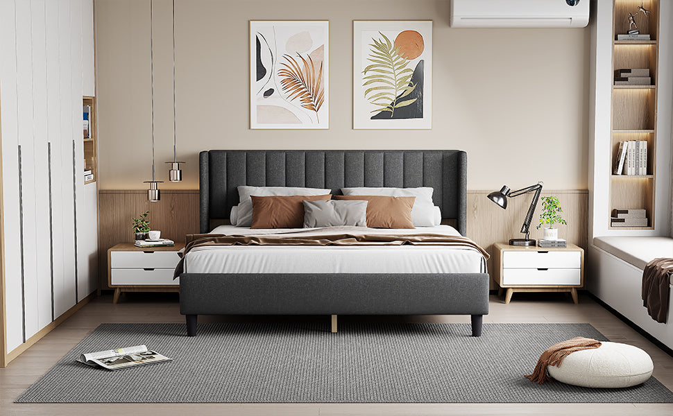 King Size Upholstered Platform Bed Frame With Headboard, Mattress Foundation, Wood Slat Support, Quiet, No Box Spring Needed, Easy To Assemble Black Black Wood