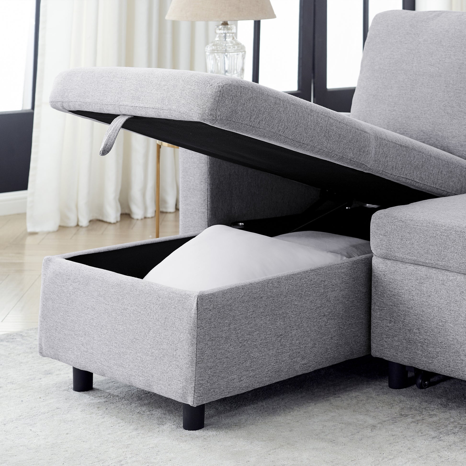Fx78.7"Comfortable Linen L Shaped Combo Sofa Sofa Bed, Living Room Furniture Sets For Tight Spaces, Reversible Sleeper Combo Sofa With Pullout Bed,Reversible Sofa Bed For Living Room, Office, Apartmen Light Gray Linen Wood Primary Living Space Foam