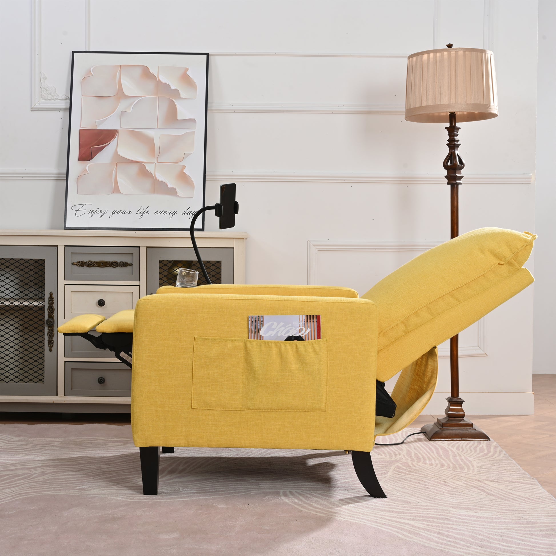 Recliner Chairs For Adults, Adjustable Recliner Sofa With Mobile Phone Holder & Cup Holder, Modern Reclining Chairs Fabric Push Back Recliner Chairs For Living Room, Bedroom, Yellow Yellow Foam Polyester