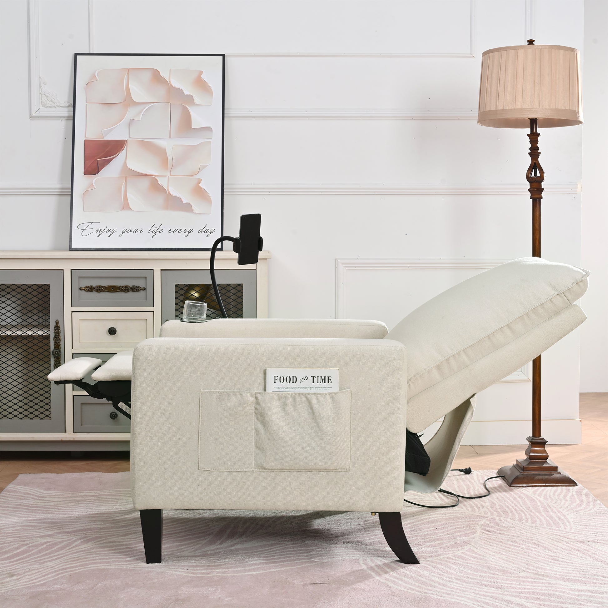 Recliner Chairs For Adults, Adjustable Recliner Sofa With Mobile Phone Holder & Cup Holder, Modern Reclining Chairs Fabric Push Back Recliner Chairs For Living Room, Bedroom, Beige Beige Foam Polyester