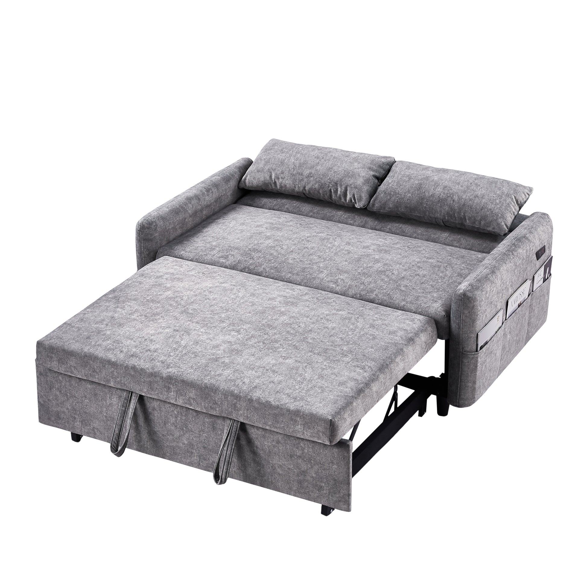 55.1" Pull Out Sleep Sofa Bed Loveseats Sofa Couch With Adjsutable Backrest, Storage Pockets, 2 Soft Pillows, Usb Ports For Living Room, Bedroom, Apartment, Office,Grey Old Sku:Wf315689Aae Grey Foam Microfiber 2 Seat