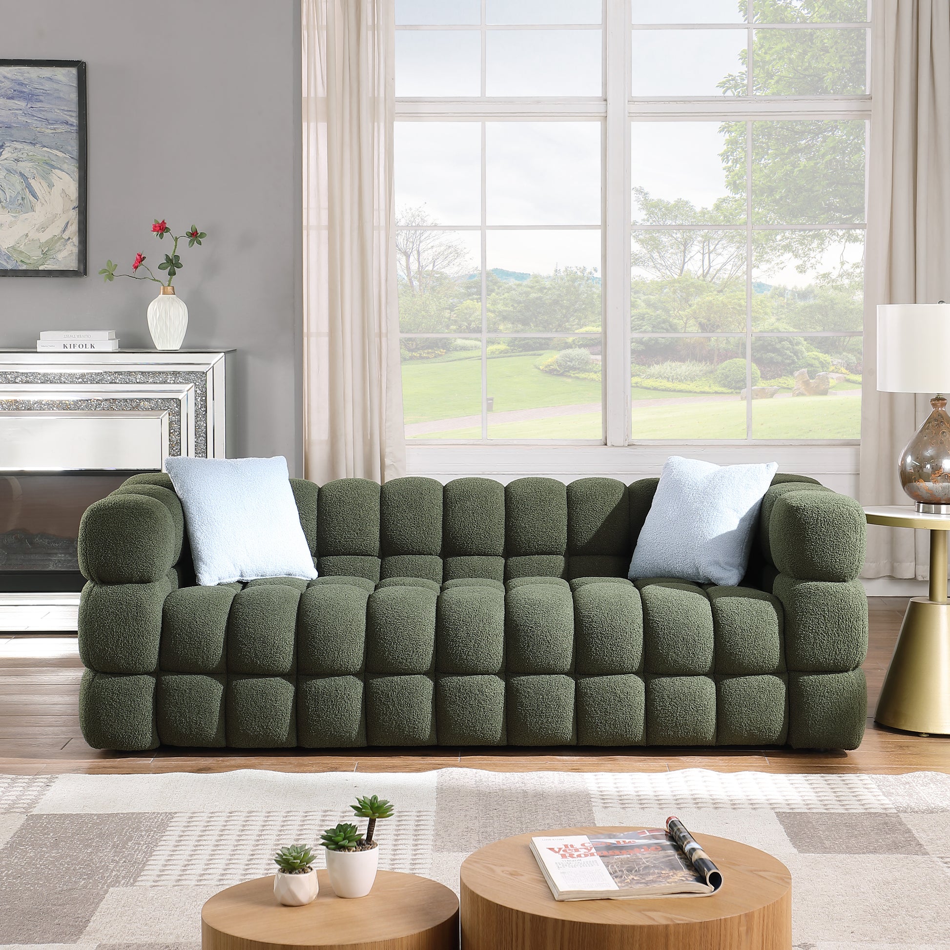 84.3 62.2 Length ,35.83" Deepth ,Human Body Structure For Usa People, Marshmallow Sofa,Boucle Sofa ,Olive Green Color,3 Seater. Sofa And Seater Olive Green Light Brown Wood Primary Living Space Medium Soft Split Back Eucalyptus Square Arms Boucle 5 Seat