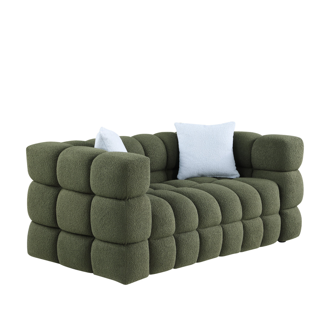 62.2Length ,35.83" Deepth ,Human Body Structure For Usa People, Marshmallow Sofa,Boucle Sofa ,Olive Green 2S Boucle Olive Green Light Brown Wood Primary Living Space Medium Soft Split Back Eucalyptus Square Arms Boucle 2 Seat