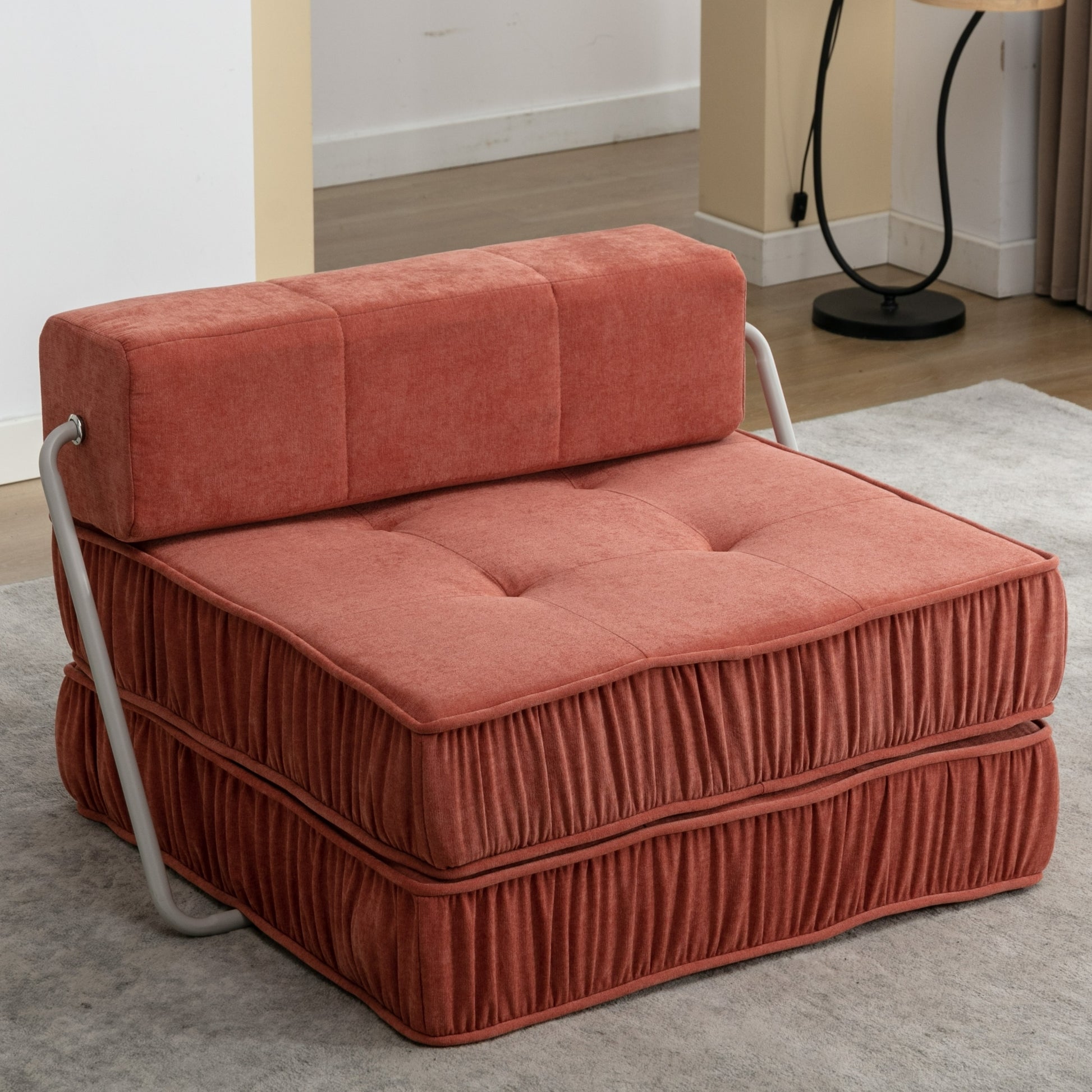Folding Sofa Bed, Futon Sleeper Chair, Convertible Chair Floor Couch & Sleeping Mattress For Living Room, Guest Room, Home Office, Apartment, Small Space, Bed, Removable Back Cushion, Orange, 1 Seat Orange Chenille Primary Living Space Pillow Back Soft