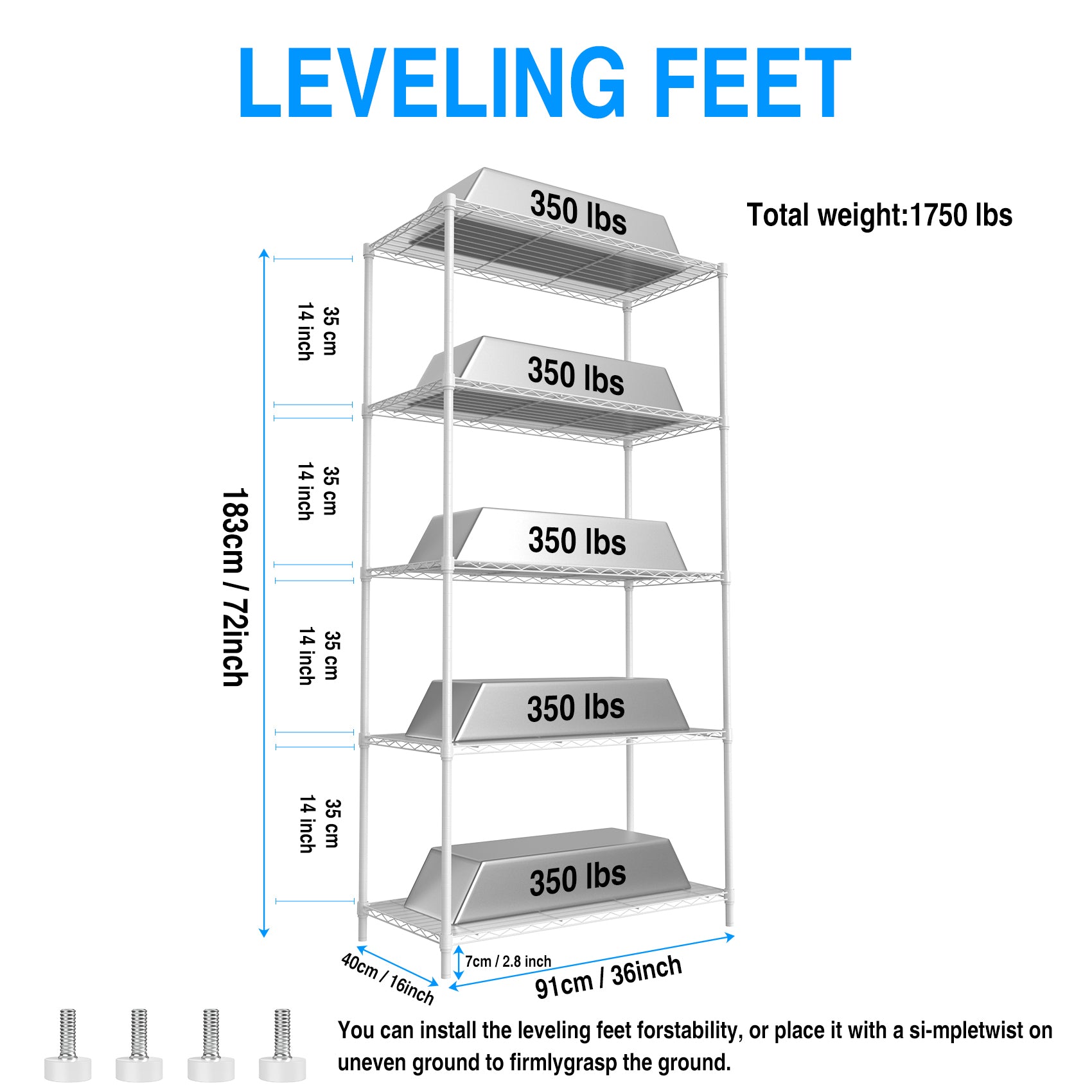 5 Tier Shelf Wire Shelving Unit 5T 1636 W Lkj, 72H White Iron Plastic