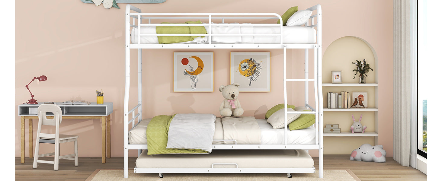 Full Xl Over Queen Metal Bunk Bed With Twin Size Trundle, White White Iron