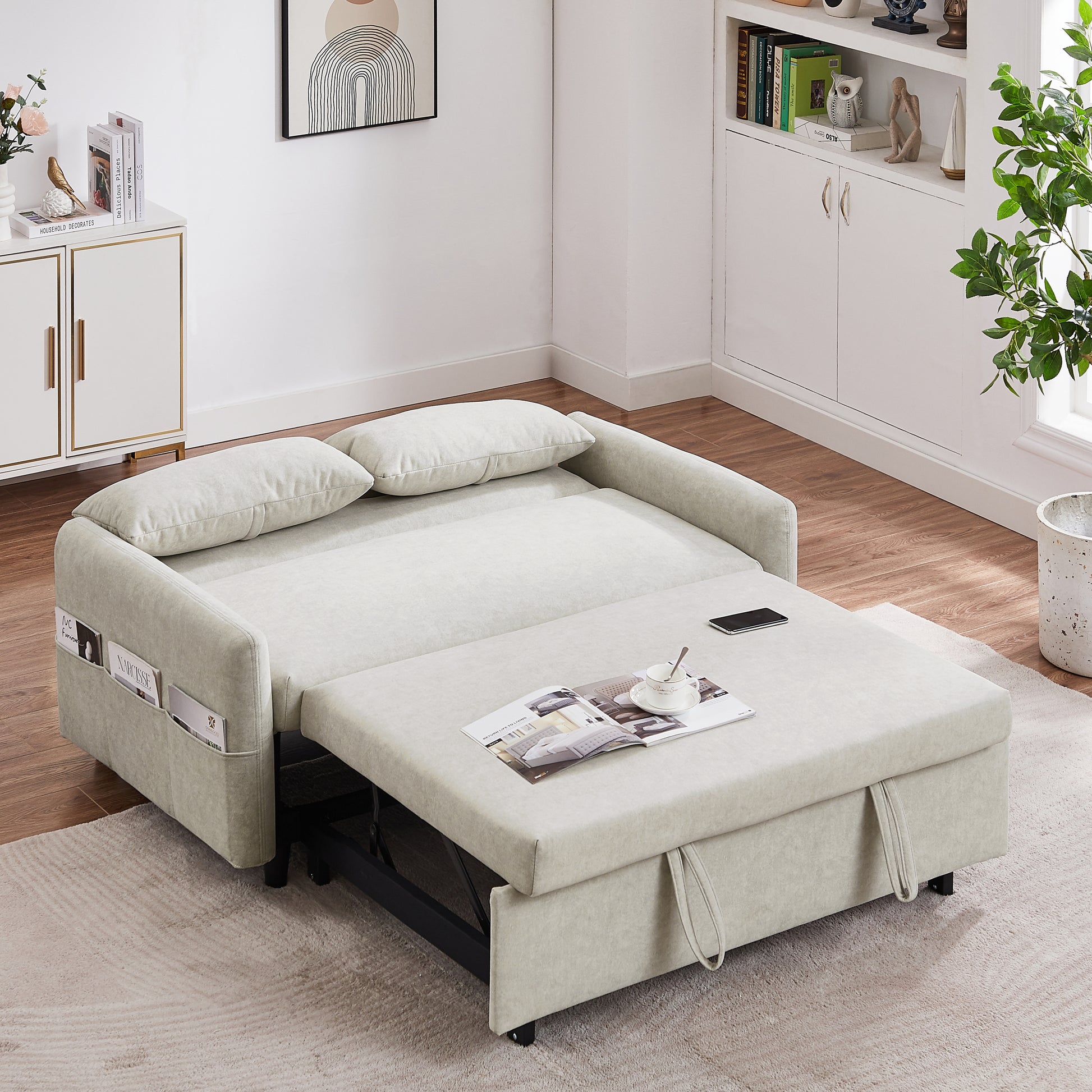 55.1" Pull Out Sleep Sofa Bed Loveseats Sofa Couch With Adjsutable Backrest, Storage Pockets, 2 Soft Pillows, Usb Ports For Living Room, Bedroom, Apartment, Office, Beige Old Sku Wf307821Aaa Beige Foam Microfiber