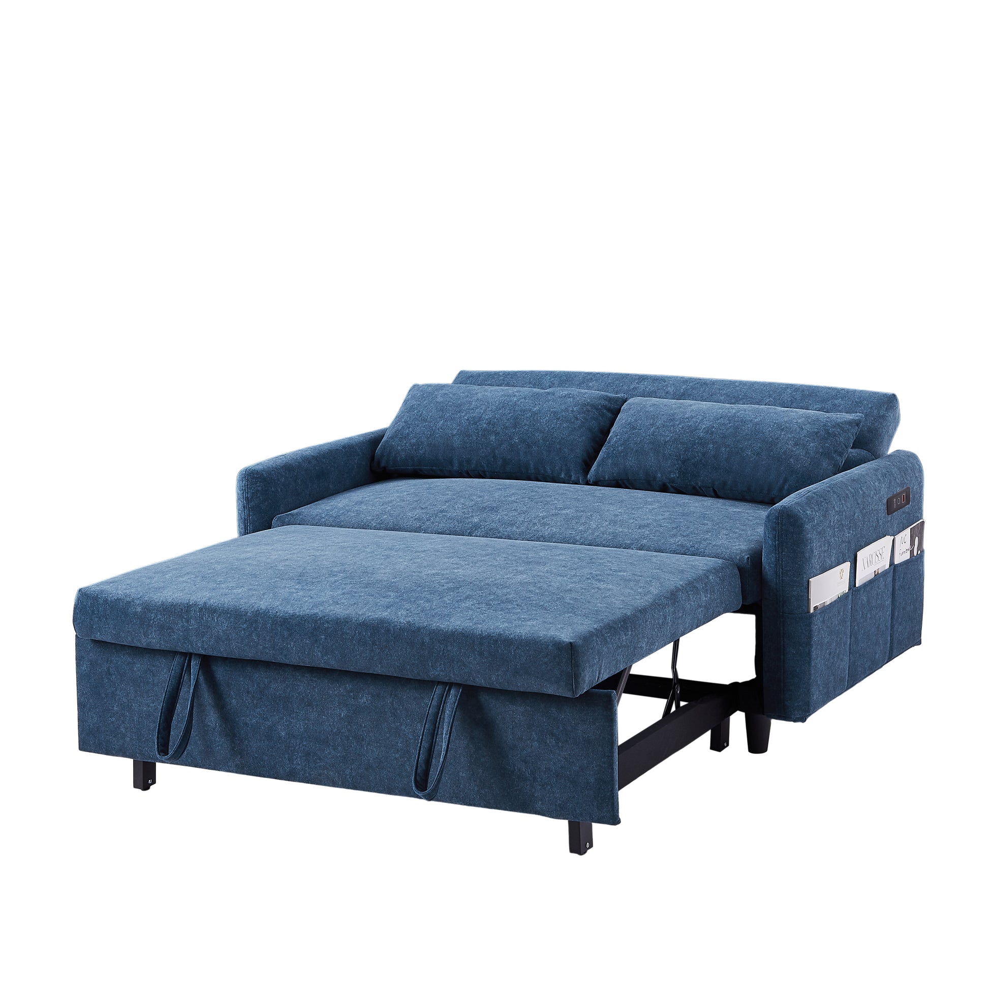 55.1" Pull Out Sleep Sofa Bed Loveseats Sofa Couch With Adjsutable Backrest, Storage Pockets, 2 Soft Pillows, Usb Ports For Living Room, Bedroom, Apartment, Office, Blue Old Sku Wf307821Aac Blue Foam Microfiber