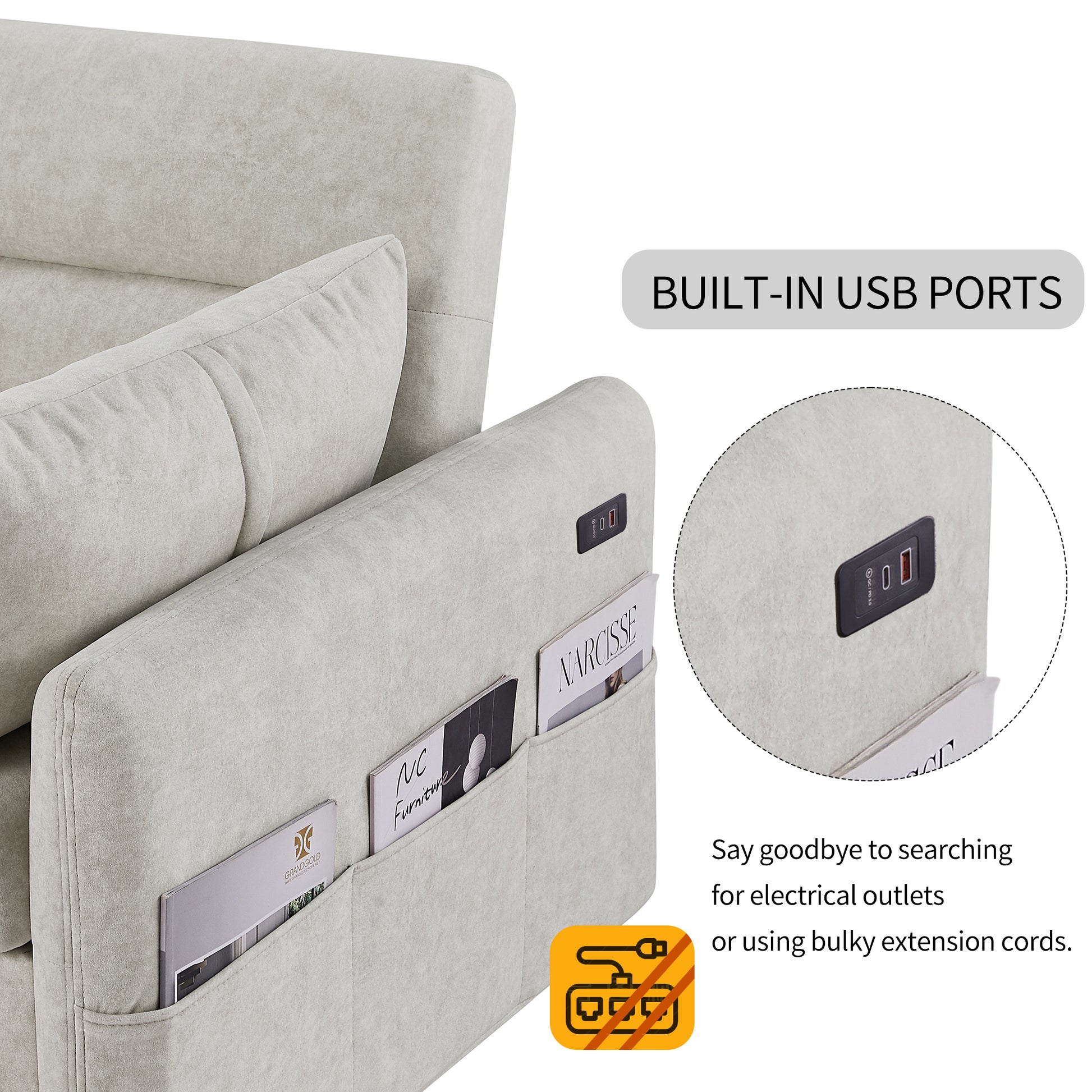 55.1" Pull Out Sleep Sofa Bed Loveseats Sofa Couch With Adjsutable Backrest, Storage Pockets, 2 Soft Pillows, Usb Ports For Living Room, Bedroom, Apartment, Office, Beige Old Sku Wf307821Aaa Beige Foam Microfiber