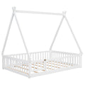 Full Tent Shaped Floor Bed, With Guardrails, Slats, Door ,White Full White Wood Bedroom American Design Pine Bed Frame Pine