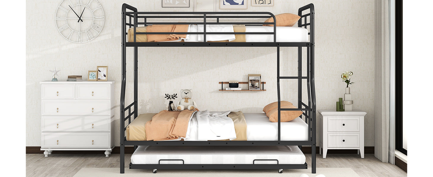Full Xl Over Queen Metal Bunk Bed With Twin Size Trundle, Black Black Iron
