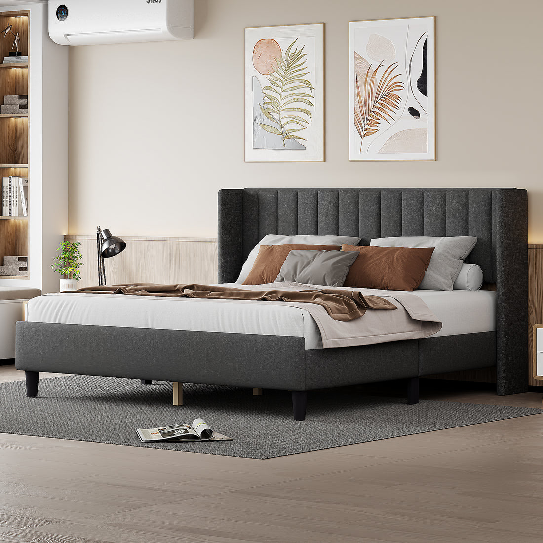 King Size Upholstered Platform Bed Frame With Headboard, Mattress Foundation, Wood Slat Support, Quiet, No Box Spring Needed, Easy To Assemble Black Black Wood