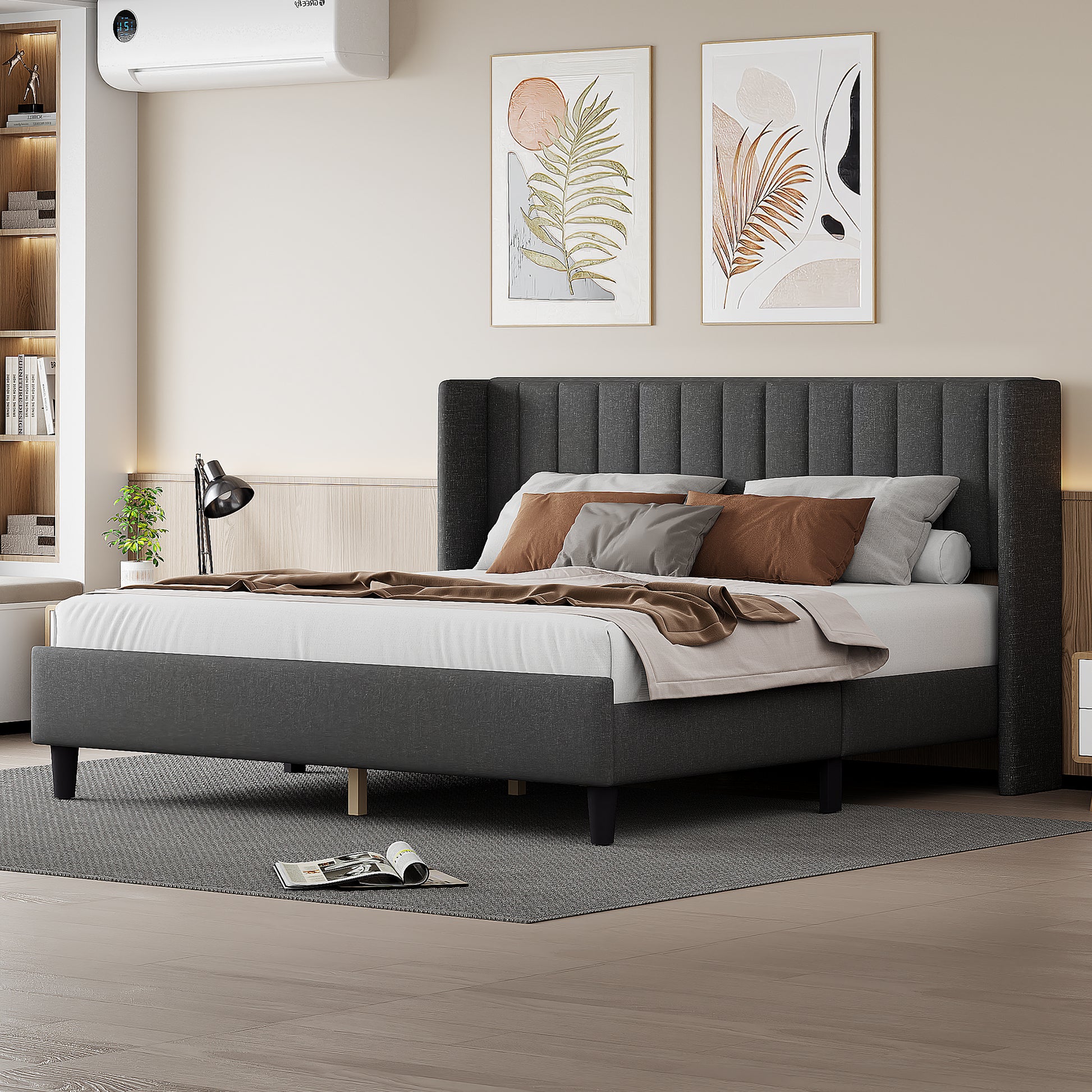 King Size Upholstered Platform Bed Frame With Headboard, Mattress Foundation, Wood Slat Support, Quiet, No Box Spring Needed, Easy To Assemble Black Black Wood