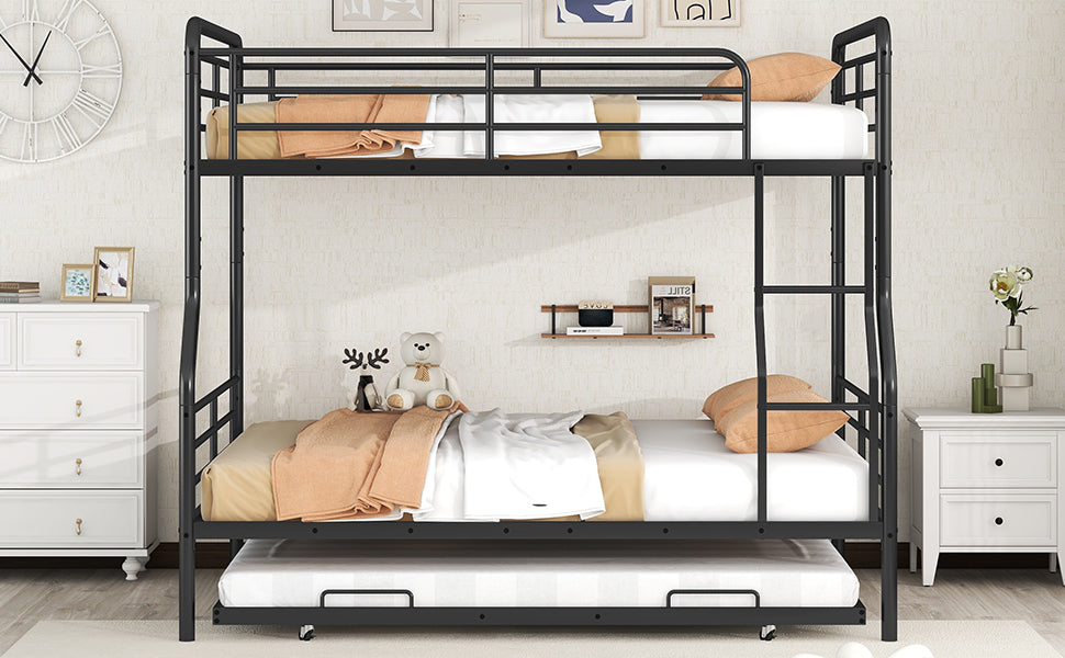 Full Xl Over Queen Metal Bunk Bed With Twin Size Trundle, Black Black Iron