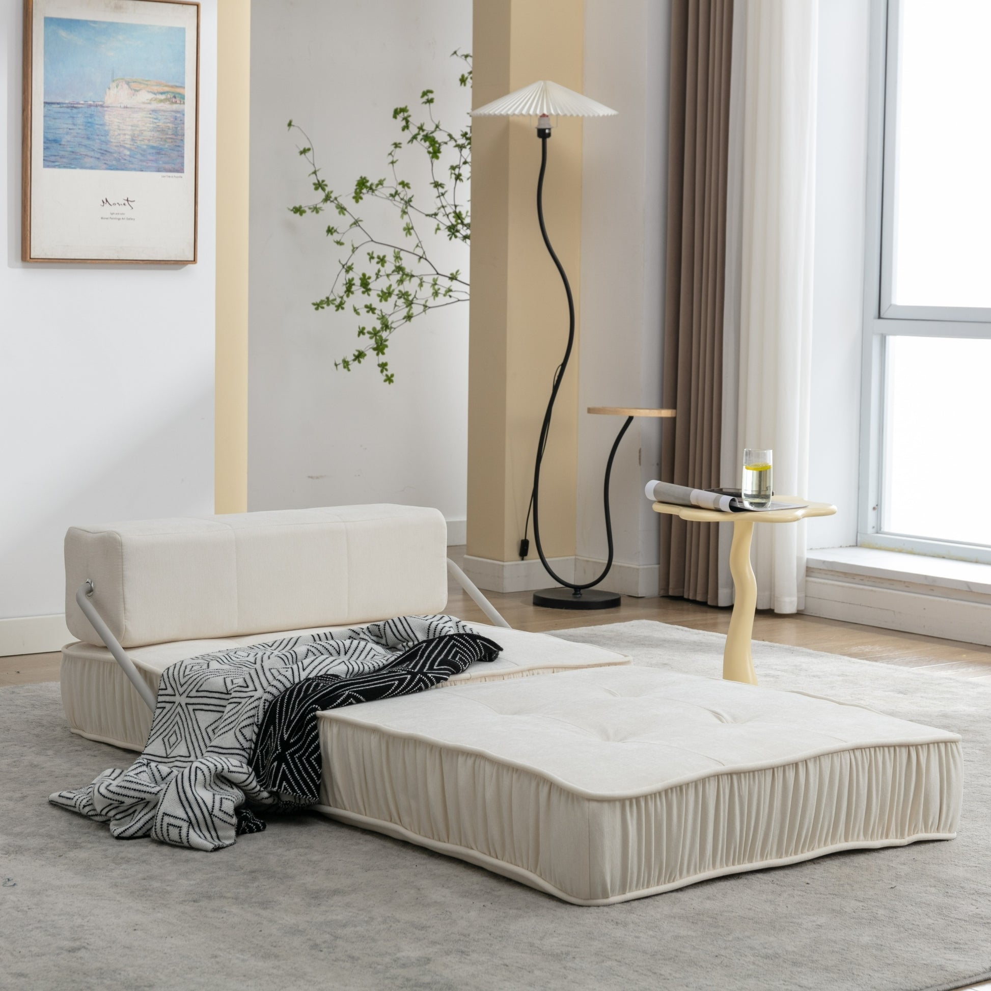 Folding Sofa Bed, Futon Sleeper Chair, Convertible Chair Floor Couch & Sleeping Mattress For Living Room, Guest Room, Home Office, Apartment, Small Space, Bed, Removable Back Cushion, White, 1 Seat White Chenille Primary Living Space Soft Pillow Back