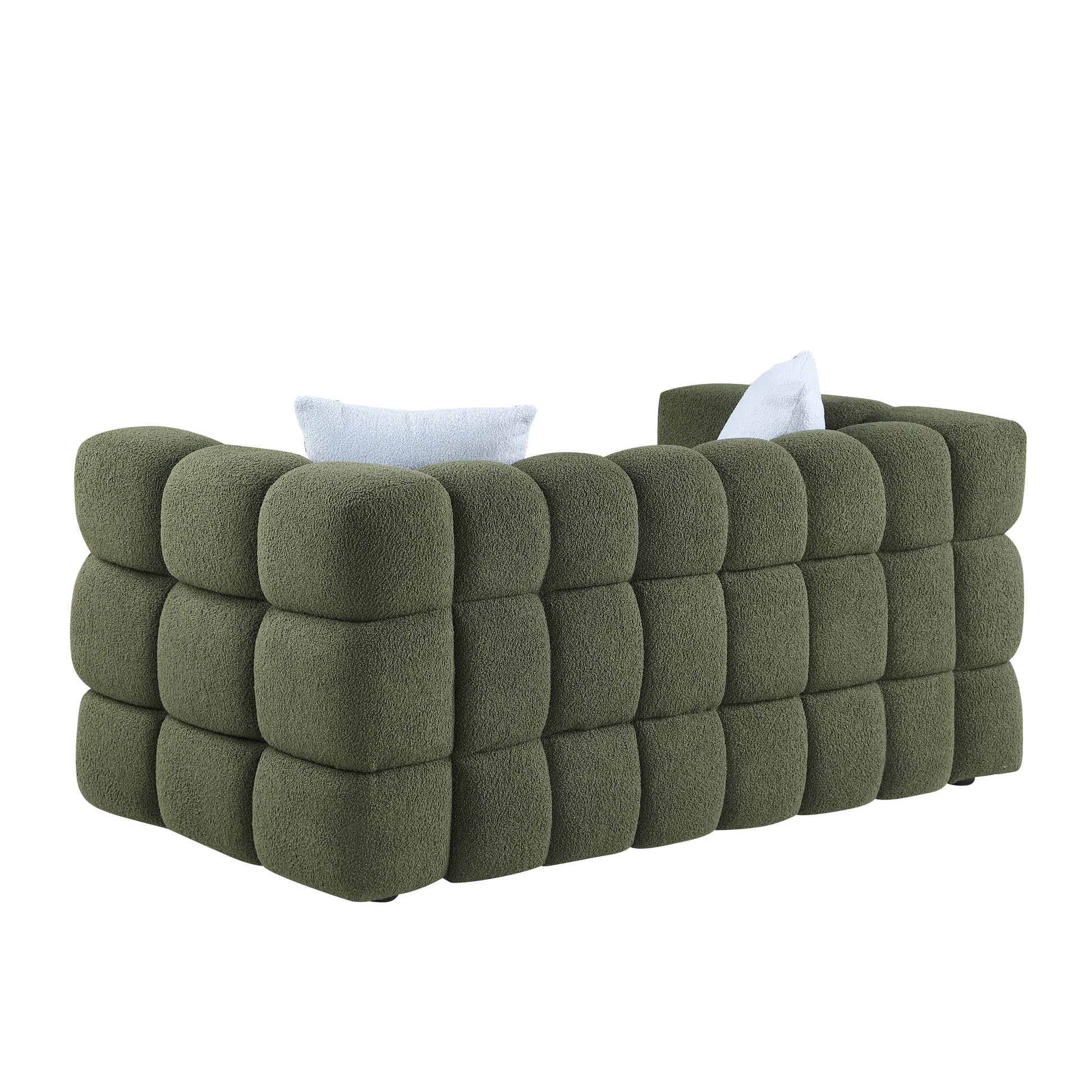 84.3 Length ,35.83" Deepth ,Human Body Structure For Usa People, Marshmallow Sofa,Boucle Sofa ,3 Seater, Olive Green Boucle Olive Green Light Brown Wood Primary Living Space Medium Soft Split Back Eucalyptus Square Arms Boucle 3 Seat