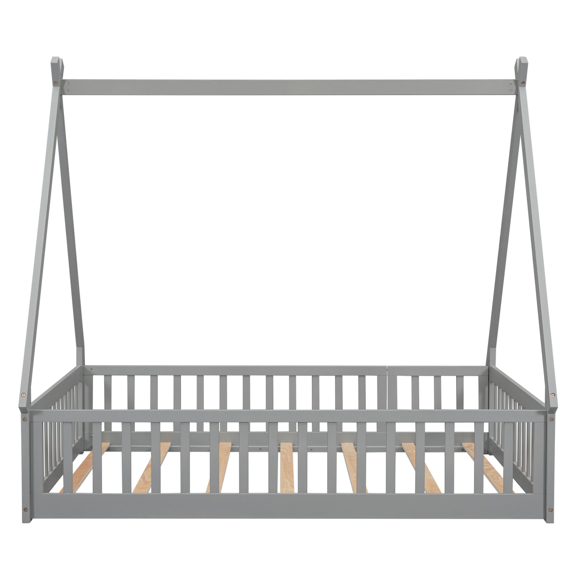 Full Tent Shaped Floor Bed, With Guardrails, Slats, Door ,Grey Full Grey Wood Bedroom American Design Pine Bed Frame Pine