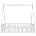 Full Tent Shaped Floor Bed, With Guardrails, Slats, Door ,White Full White Wood Bedroom American Design Pine Bed Frame Pine